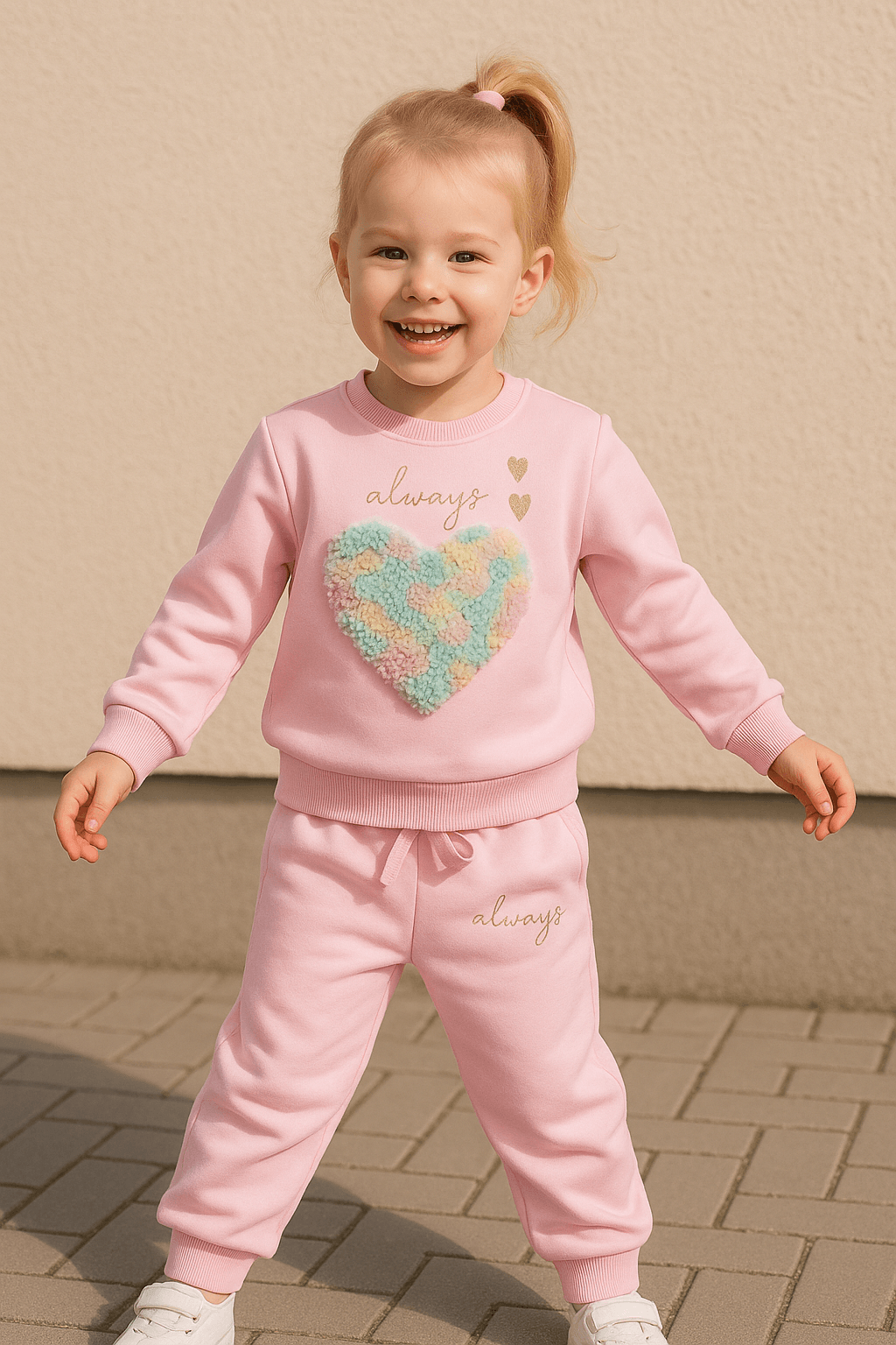 Kalp Detay Sweatshirt ve Eşofman Takımı-Pembe
