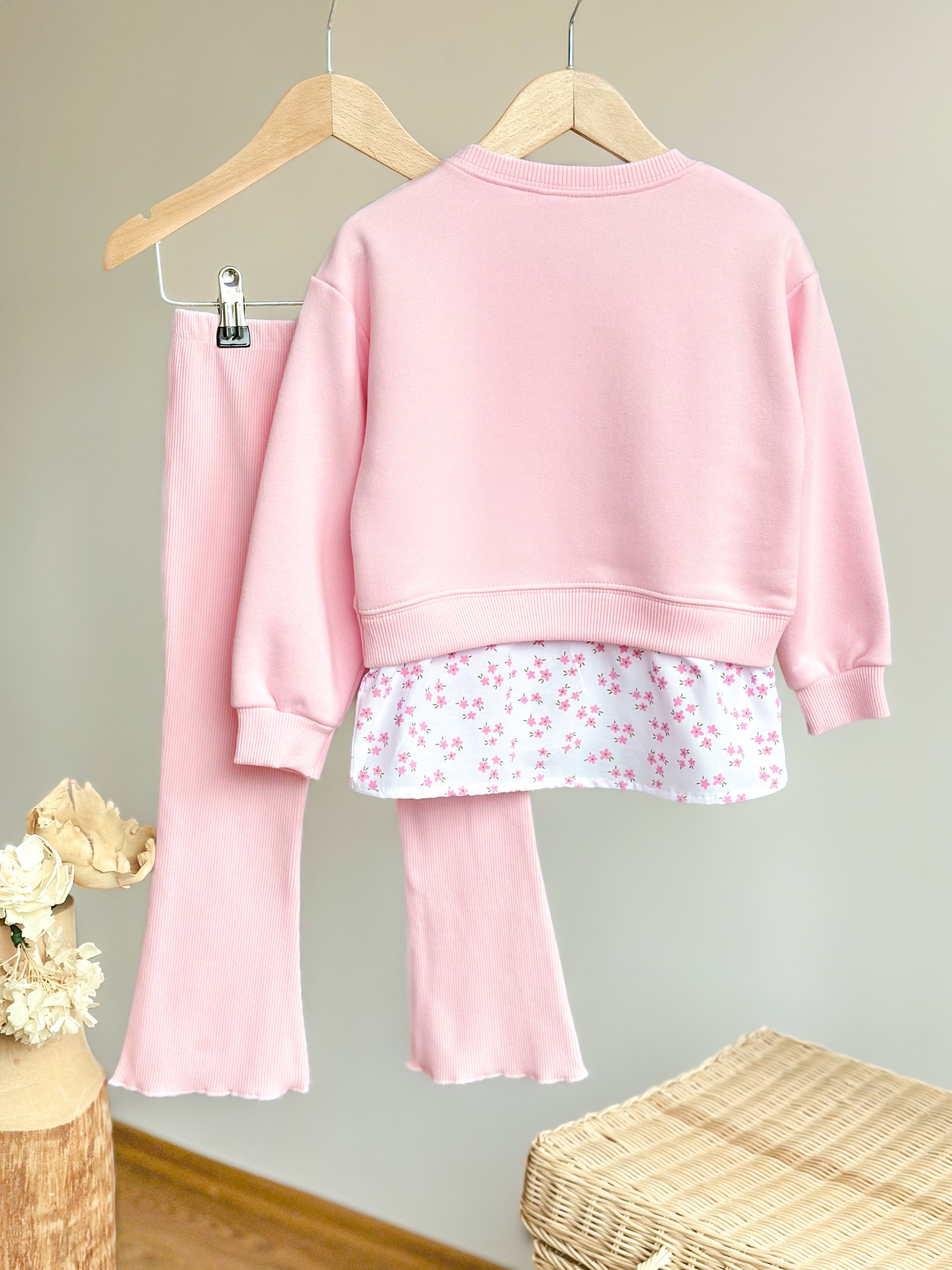 PINKY FLOWER Gömlek Detaylı Sweatshirt ve İspanyol Paça Tayt Takım 