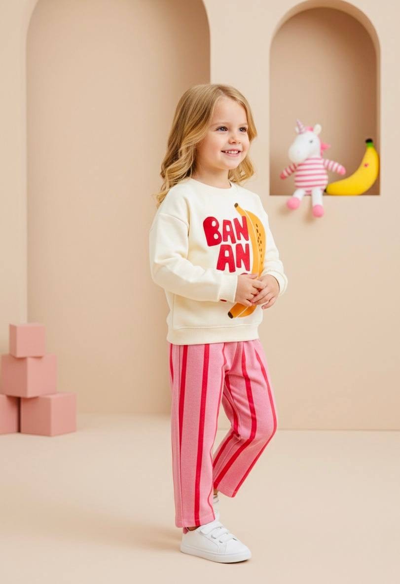BANANAS Kabartma Baskılı Sweatshirt ve Kot Canvas Dokuma Pantolon Takım