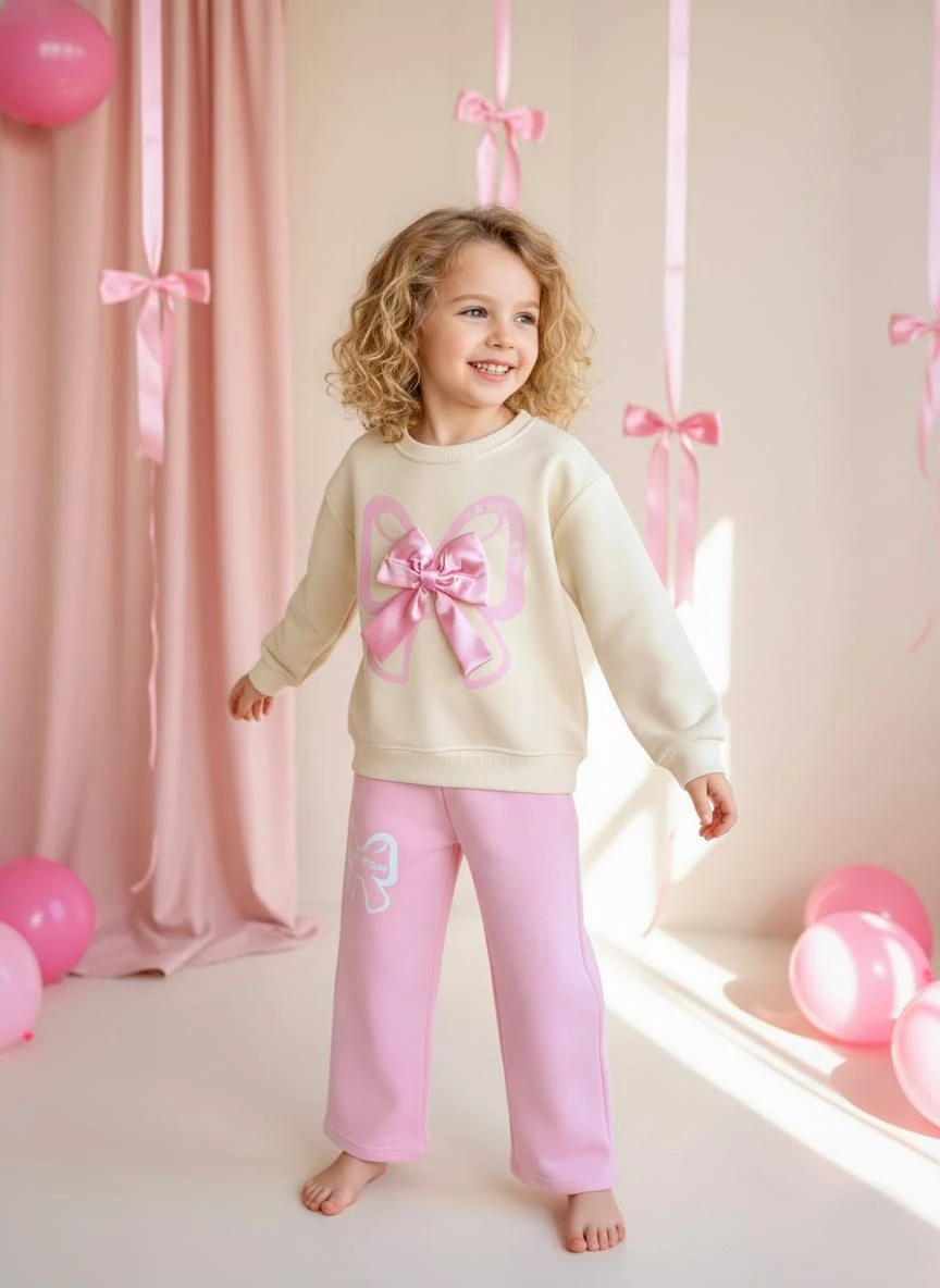 LOVE MOM Fiyonk Detaylı Sweatshirt ve Eşofman Takım