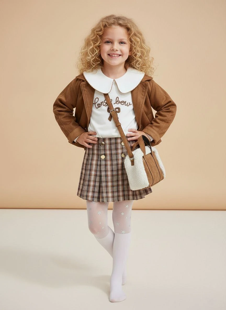 Süet Ceketli Çantalı 4'lü Kız Çocuk Takım-Taba