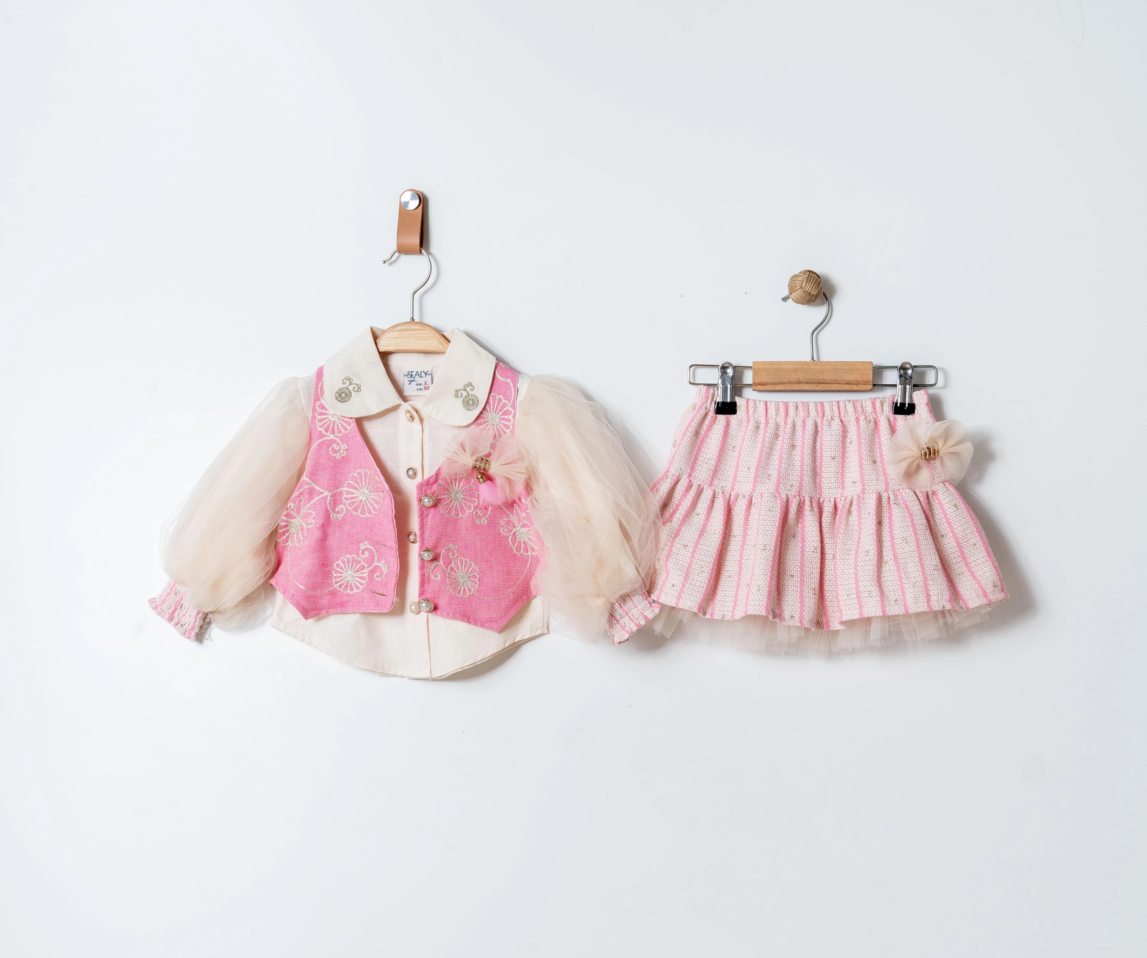 Nakışlı Tül Detaylı 3'lü Takım-Pembe