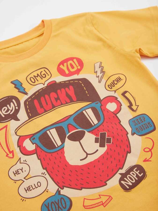 Lucky Bear Erkek Çocuk Sarı T-shirt Kapri Şort Yazlık Takım