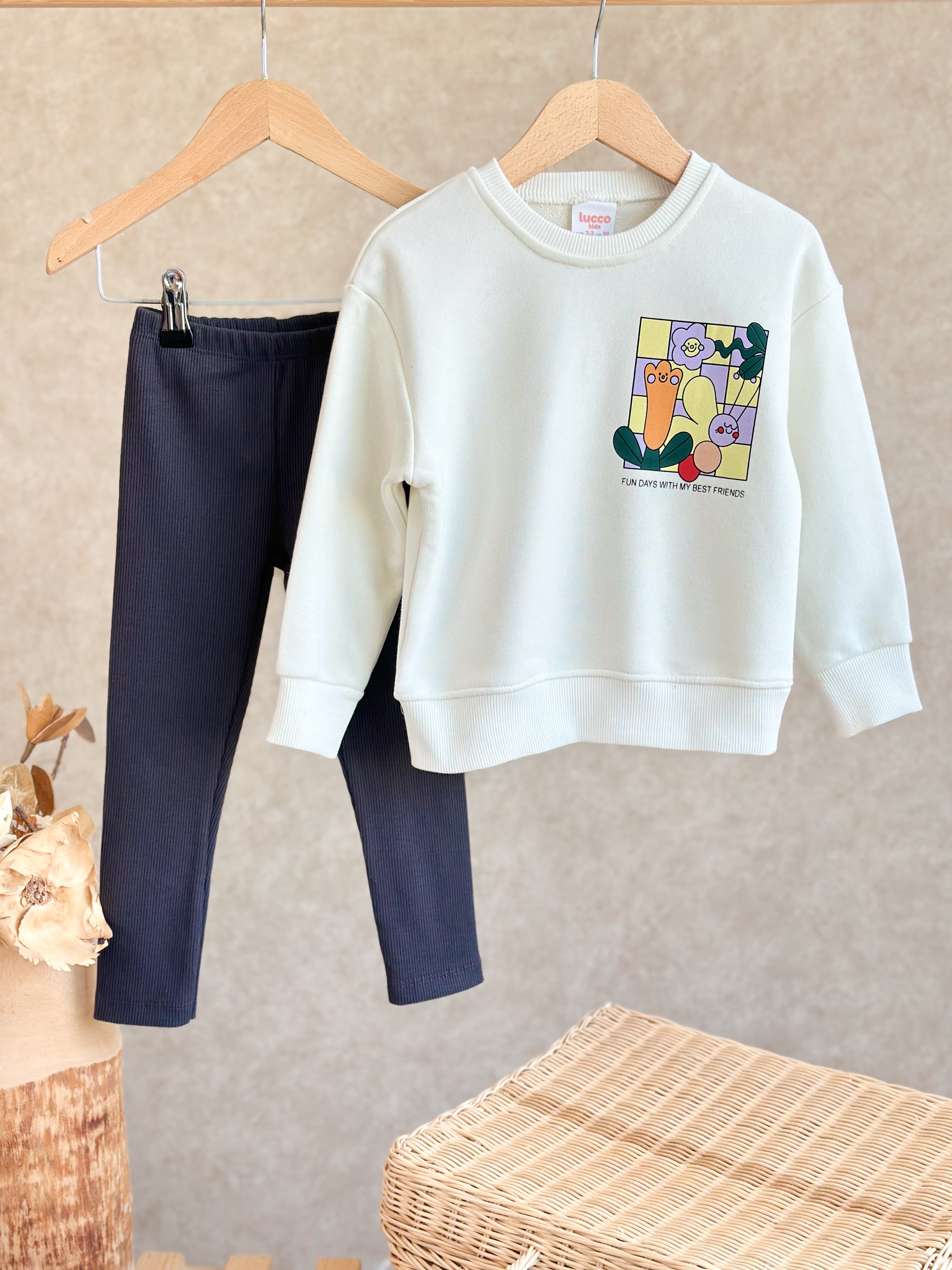 Fun Days Baskılı Kız Çocuk Sweatshirt ve Tayt Takım