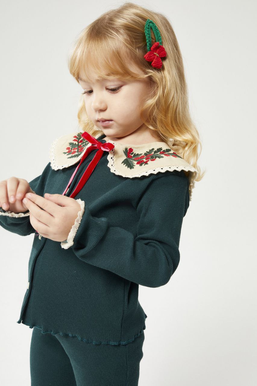Yılbaşı Nakış Detaylı Triko Kız Çocuk Hırka ve Tayt Takım-Petrol Yeşili