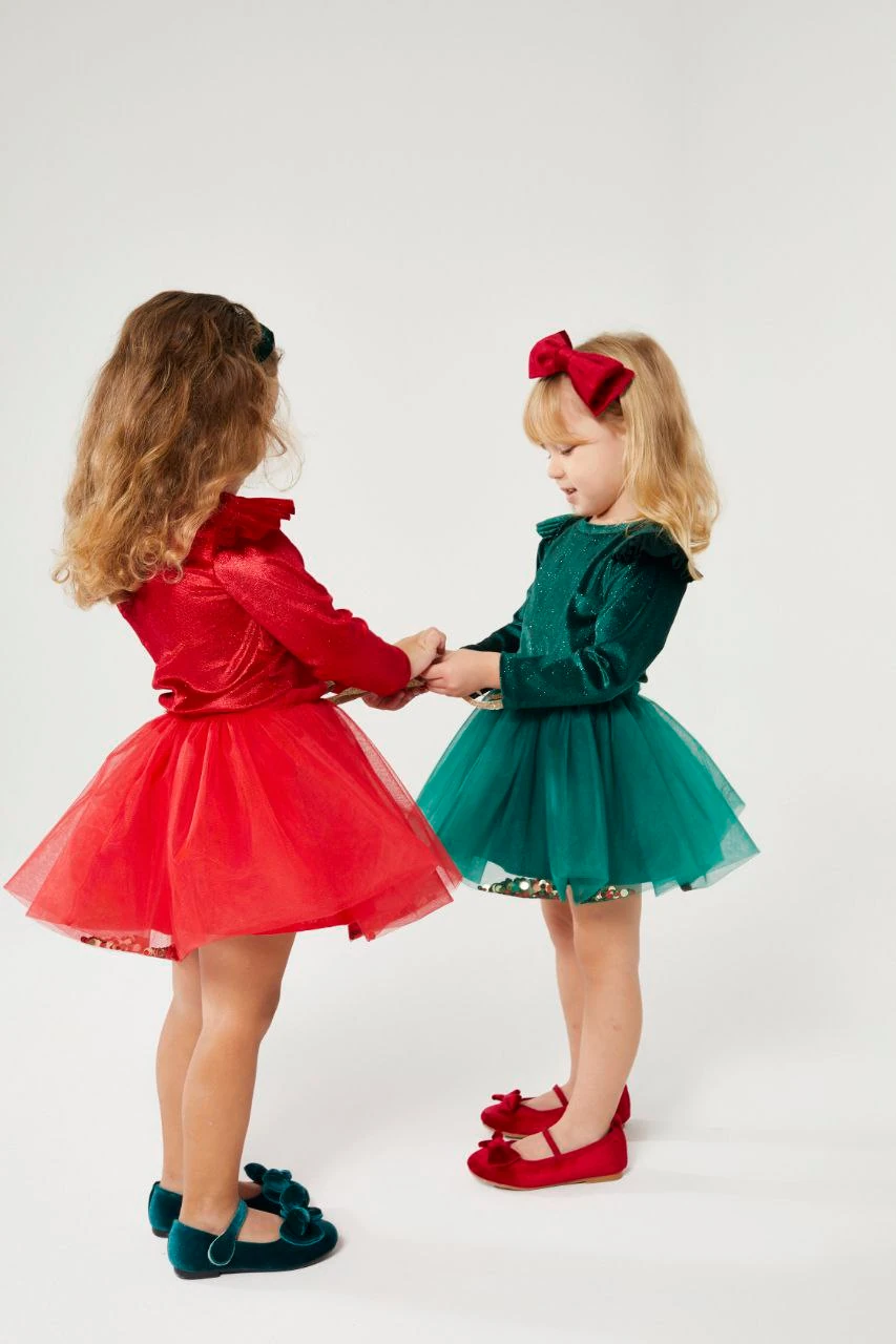 Yeşil Kadife Bluz ve Pul Detaylı Tütü Etek Takım