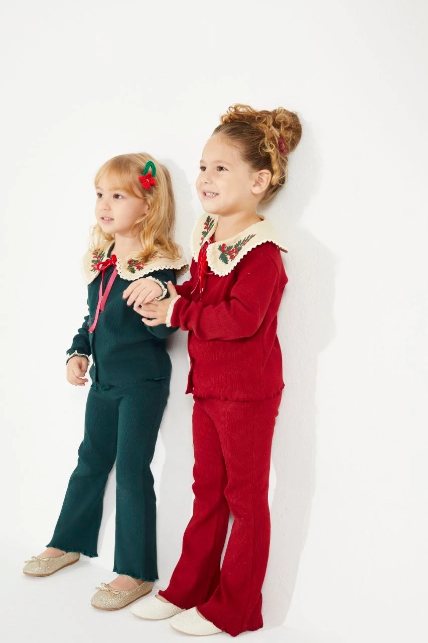 Yılbaşı Nakış Detaylı Triko Kız Çocuk Hırka ve Tayt Takım-Kırmızı