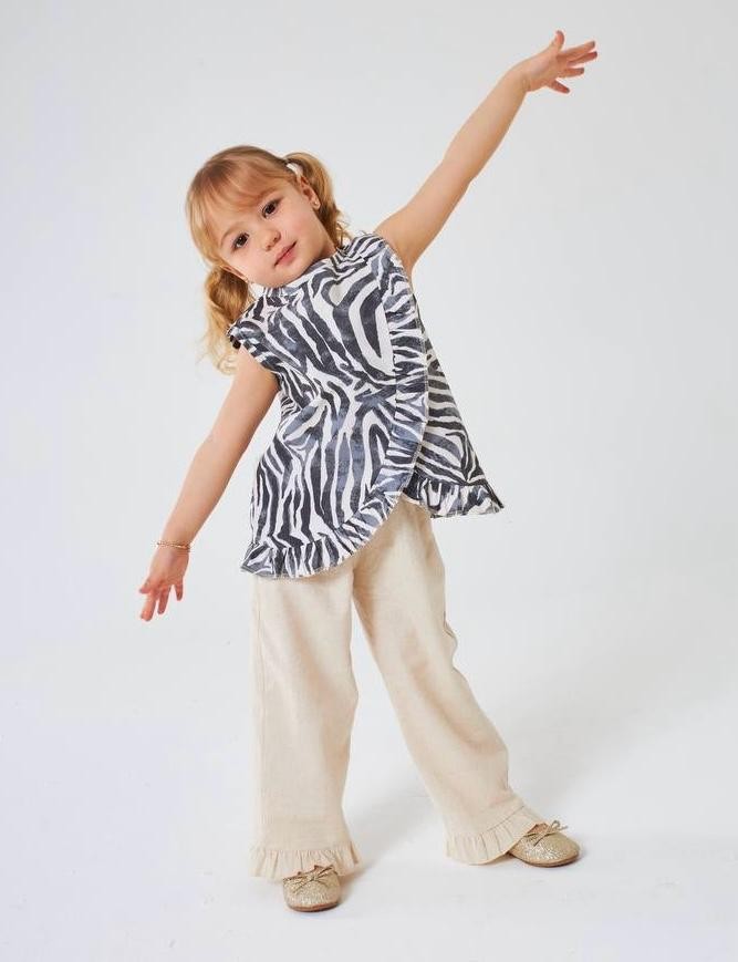 Zebra Desenli Bluz ve Keten Pantolon Takım