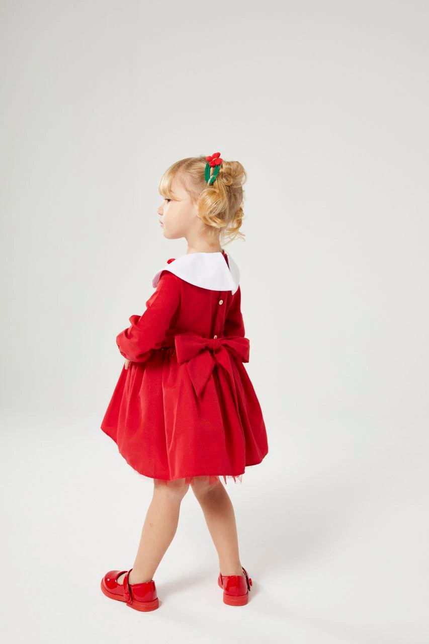 Nakış Yaka Kırmızı Kız Çocuk Elbisesi