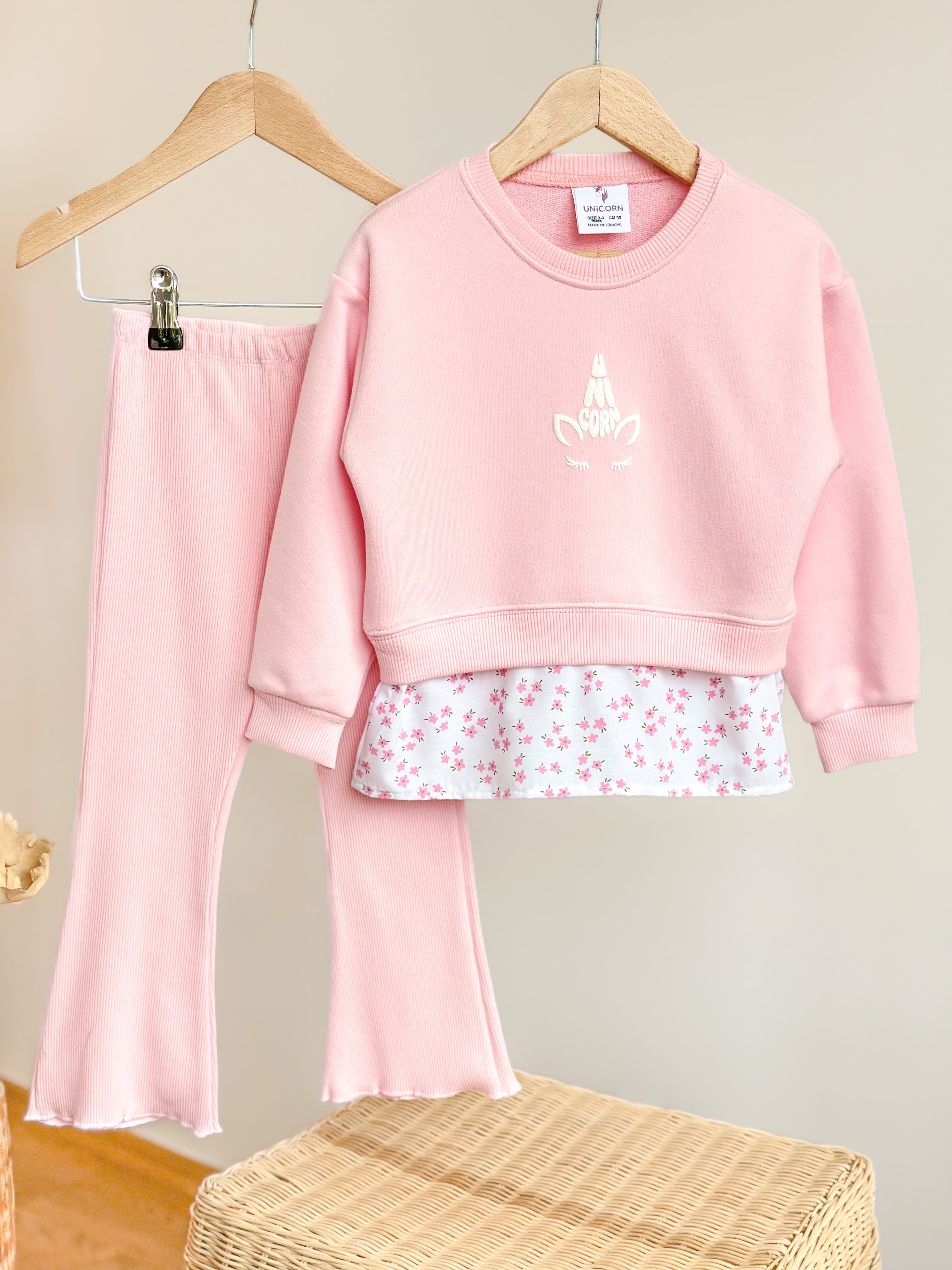PINKY FLOWER Gömlek Detaylı Sweatshirt ve İspanyol Paça Tayt Takım 