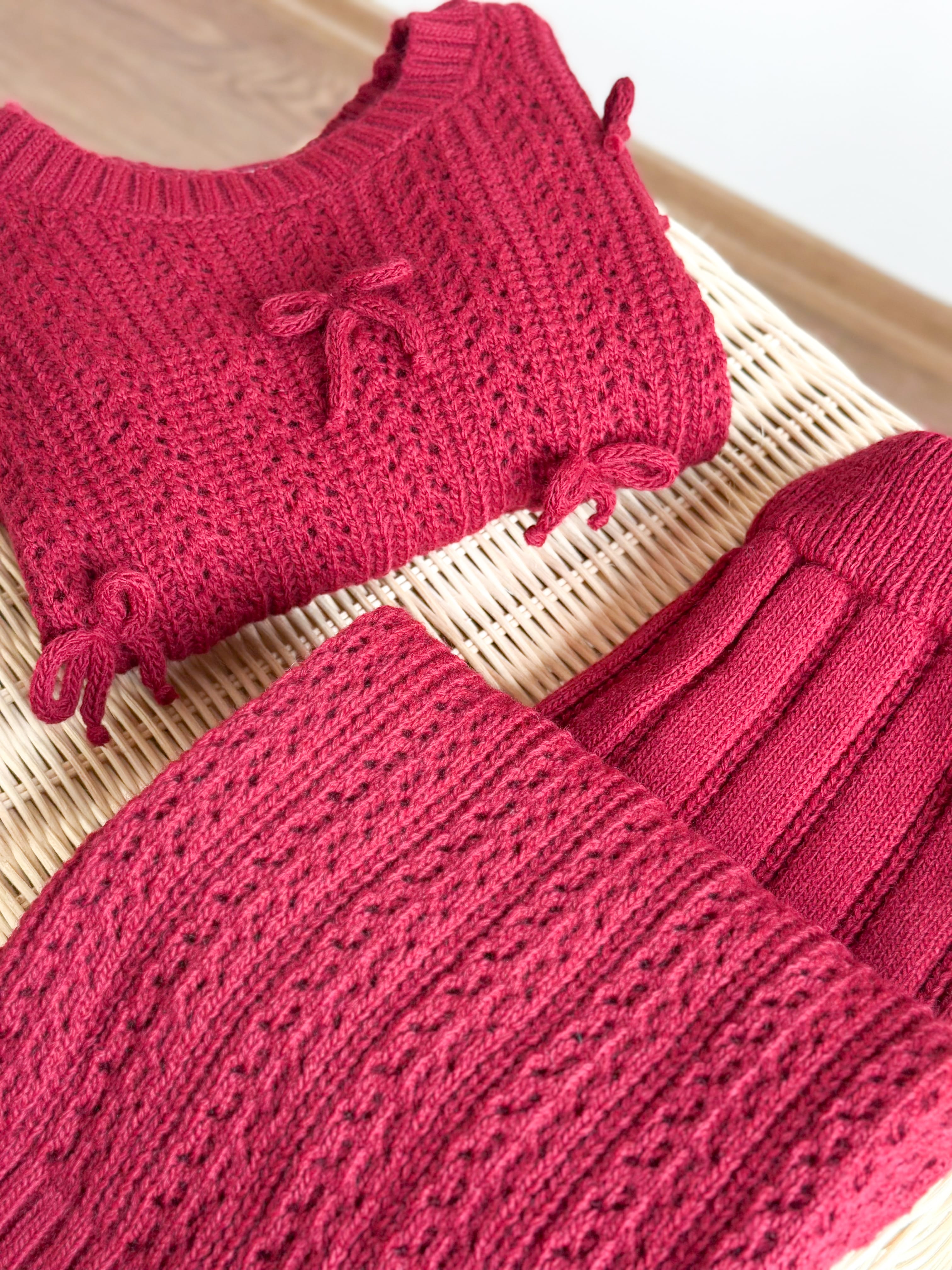 Fiyonk Detaylı ve Nakışlı Triko ve Beli Lastikli Triko Pantolon Takım - Bordo