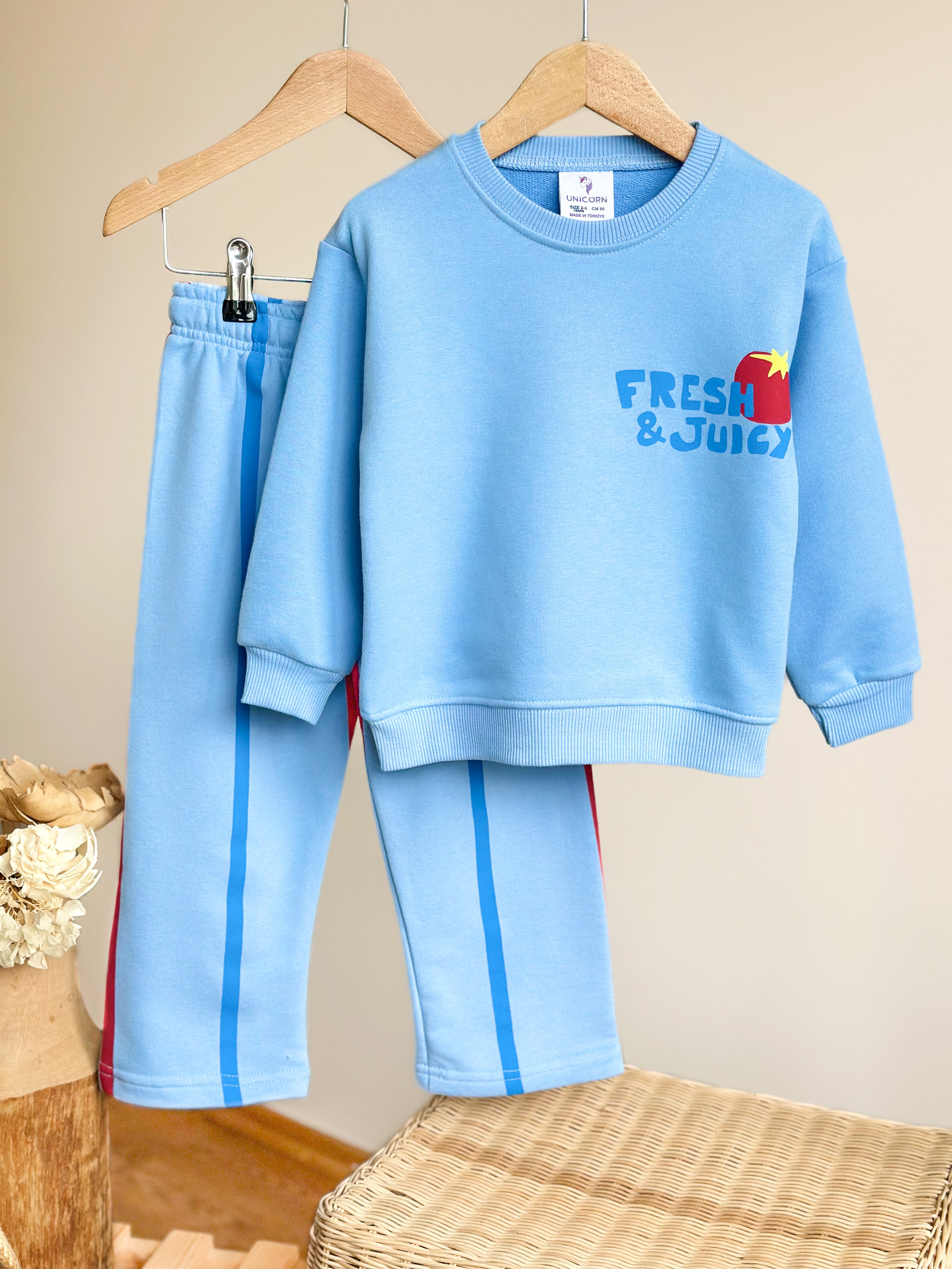 FRESH & JUİCY BASKILI Sweatshirt ve 3 İplik Alt Eşofman Takım-Mavi