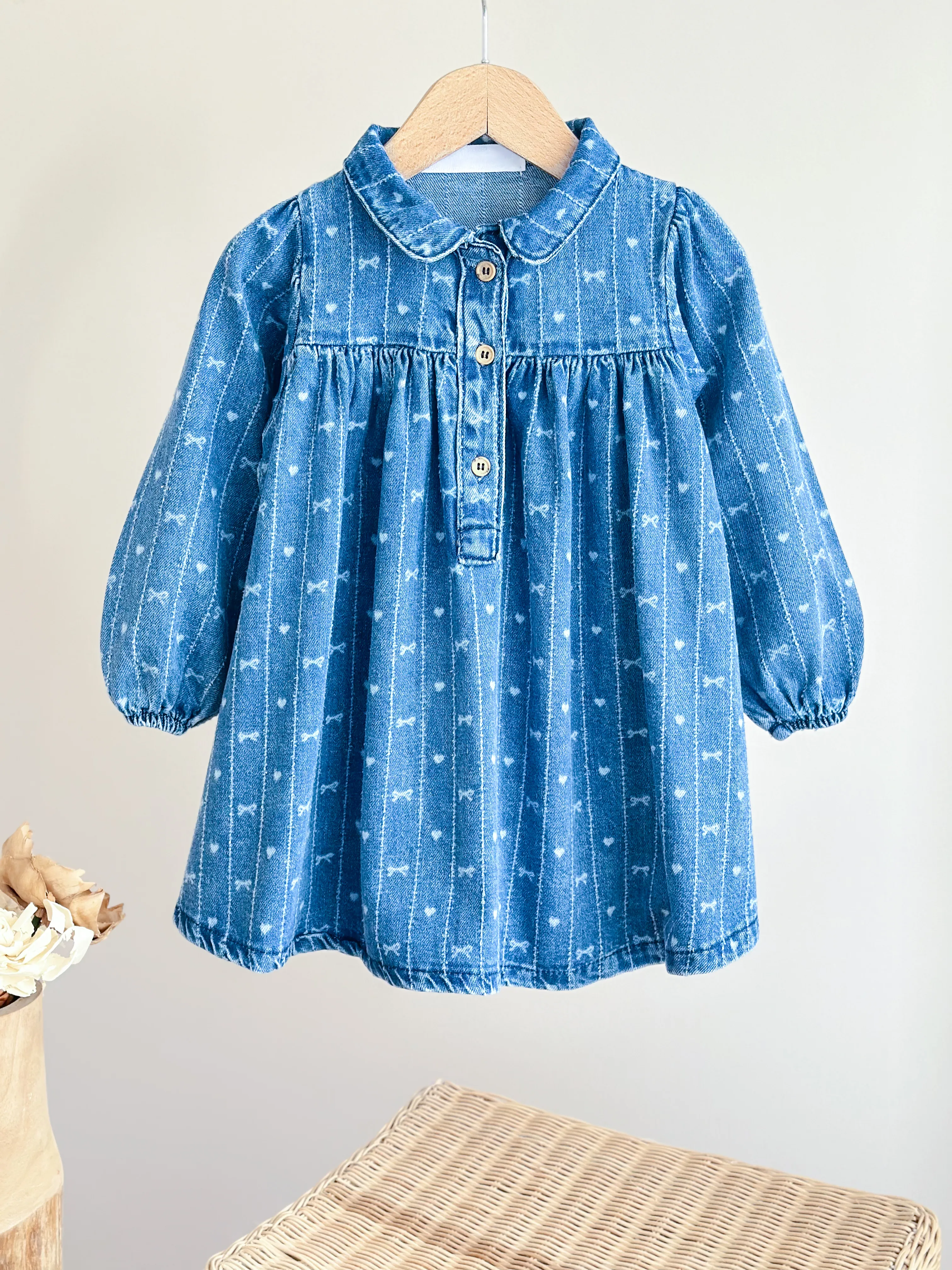 BLUE DREAMS Lazer Fiyonk Baskılı Yumuşak Dokulu Denim Elbise