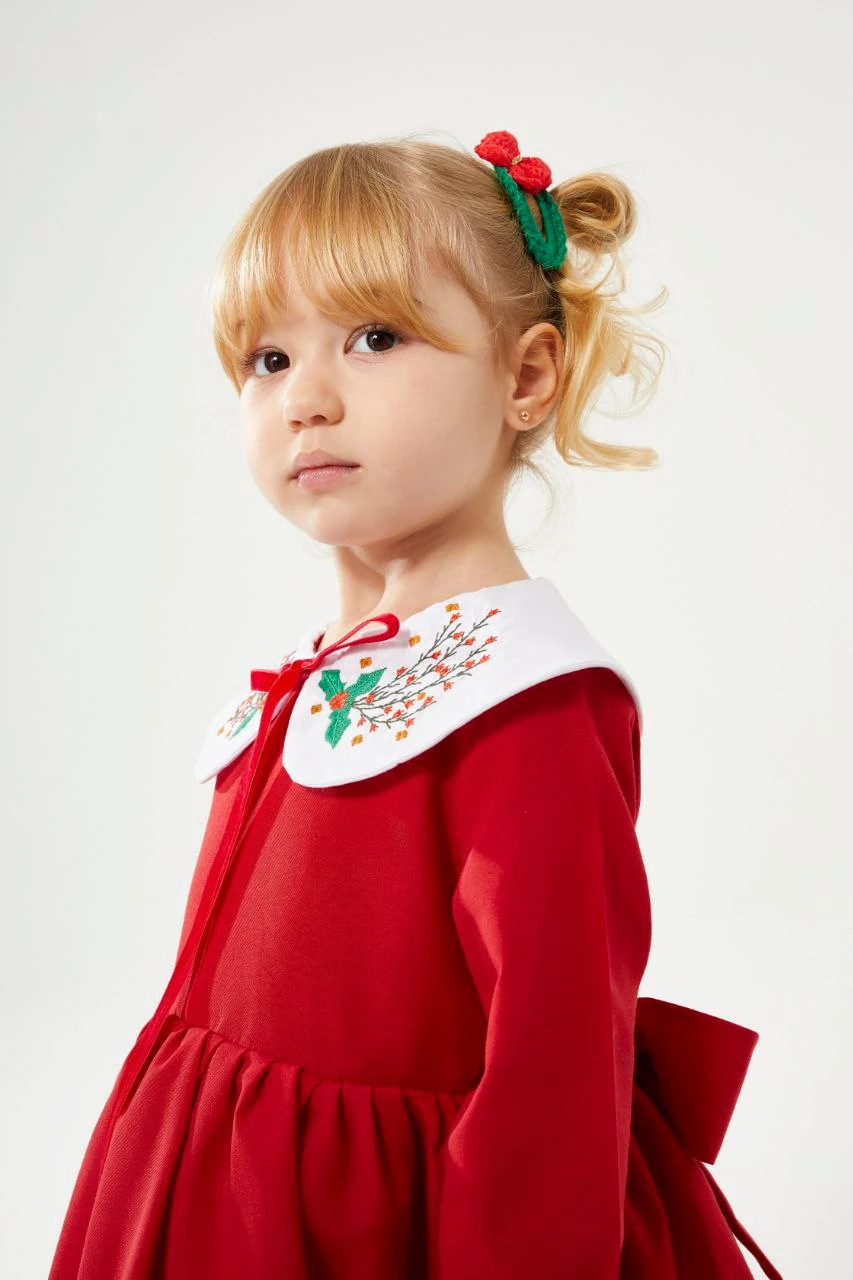 Nakış Yaka Kırmızı Kız Çocuk Elbisesi