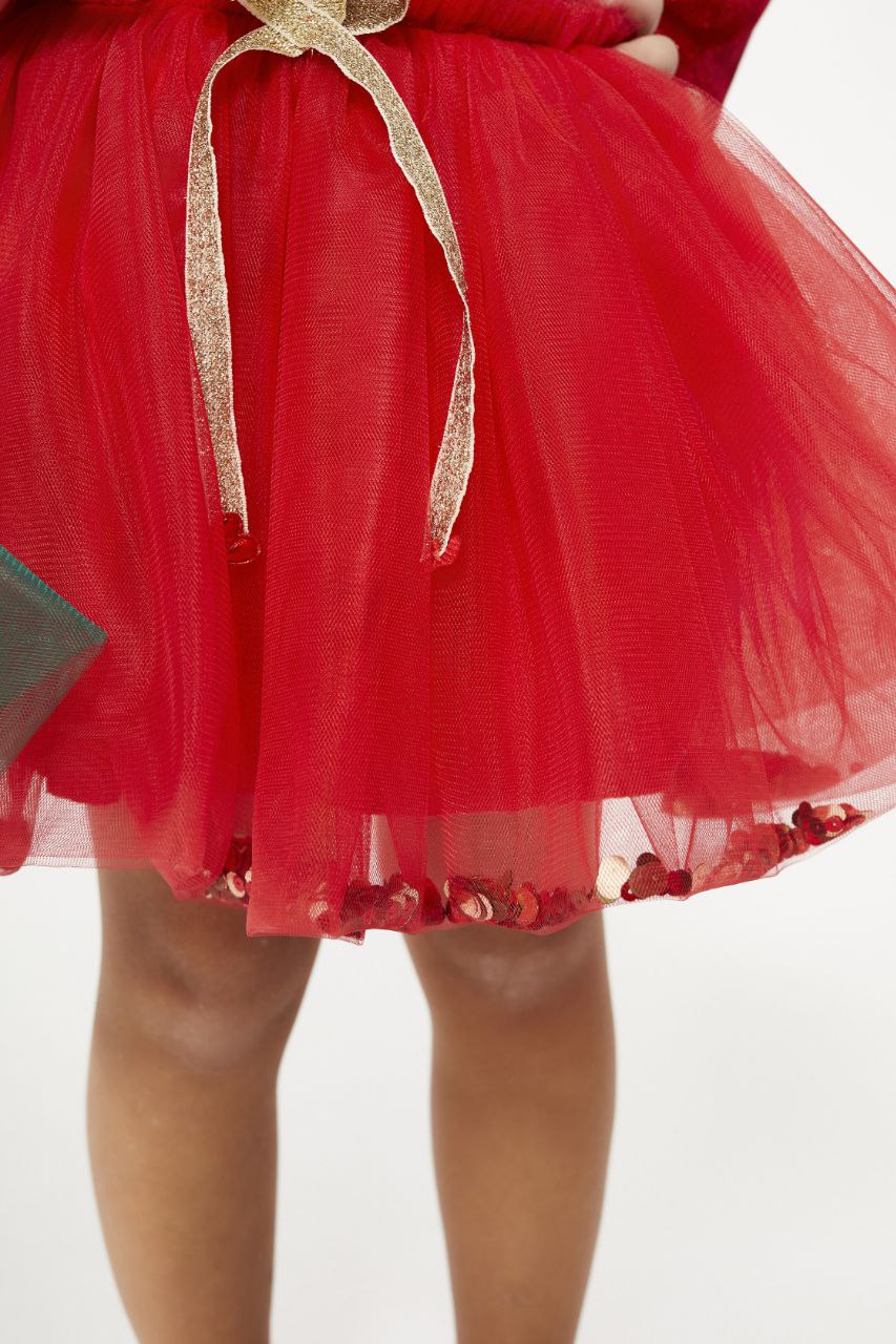 Kırmızı Kadife Bluz ve Pul Detaylı Tütü Etek Takım