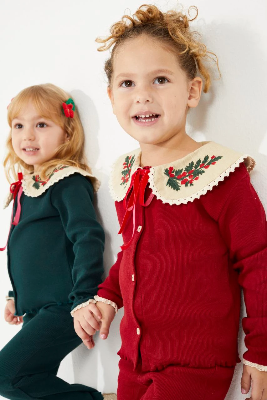 Yılbaşı Nakış Detaylı Triko Kız Çocuk Hırka ve Tayt Takım-Kırmızı