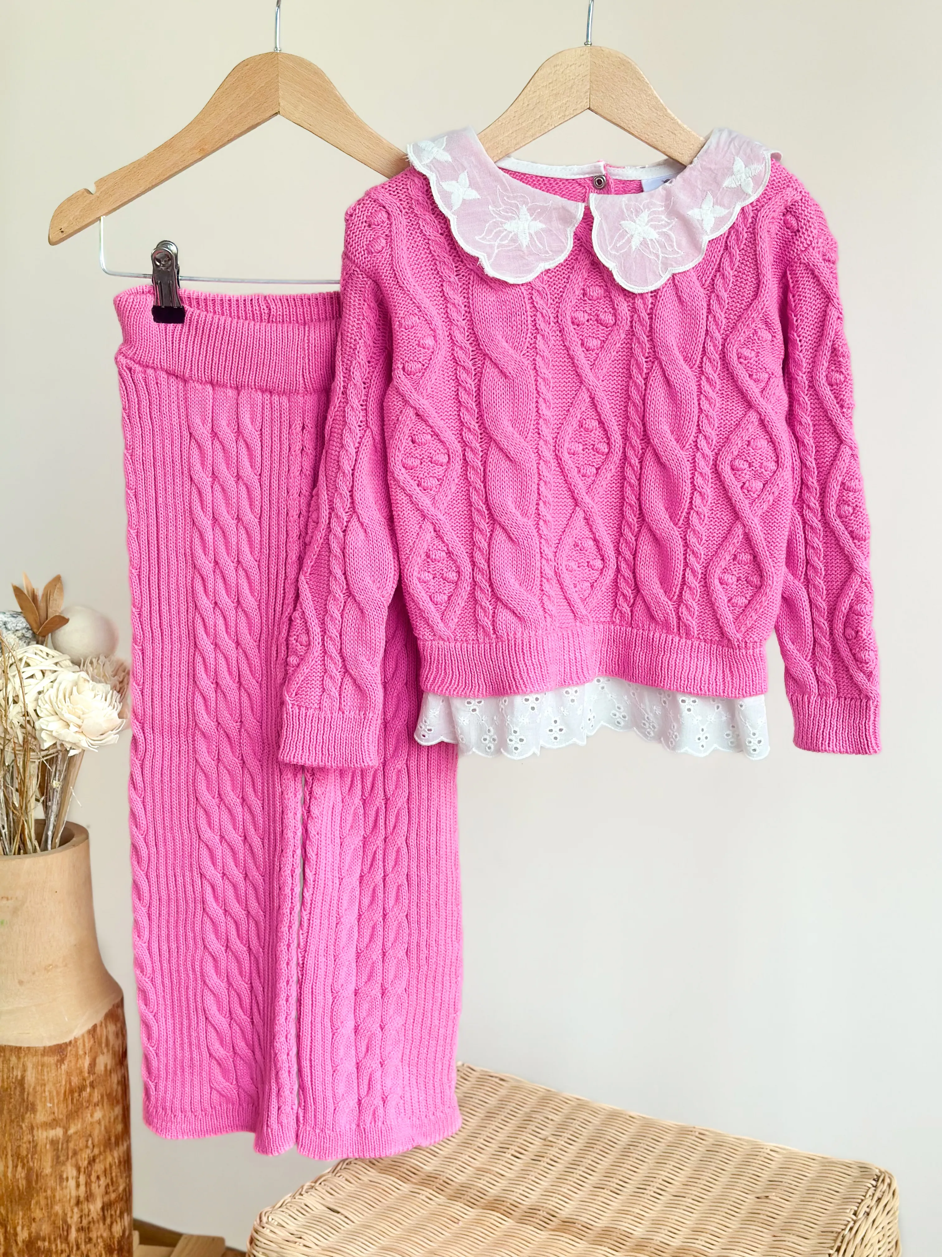 Yaka Detaylı Triko ve Triko Rahat Kalıp Pantolon-Pembe