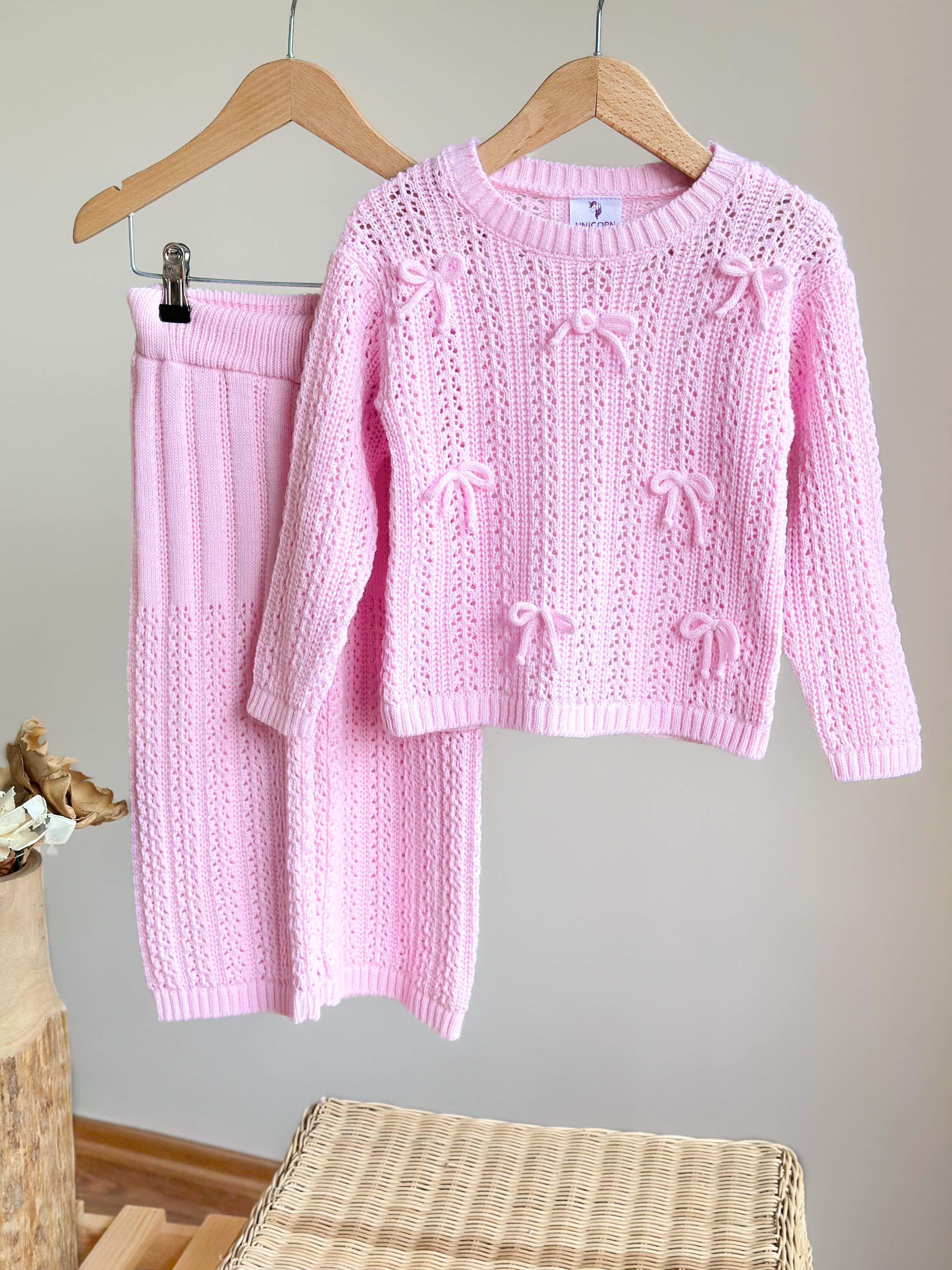 Fiyonk Detaylı ve Nakışlı Triko ve Beli Lastikli Triko Pantolon Takım - Pembe