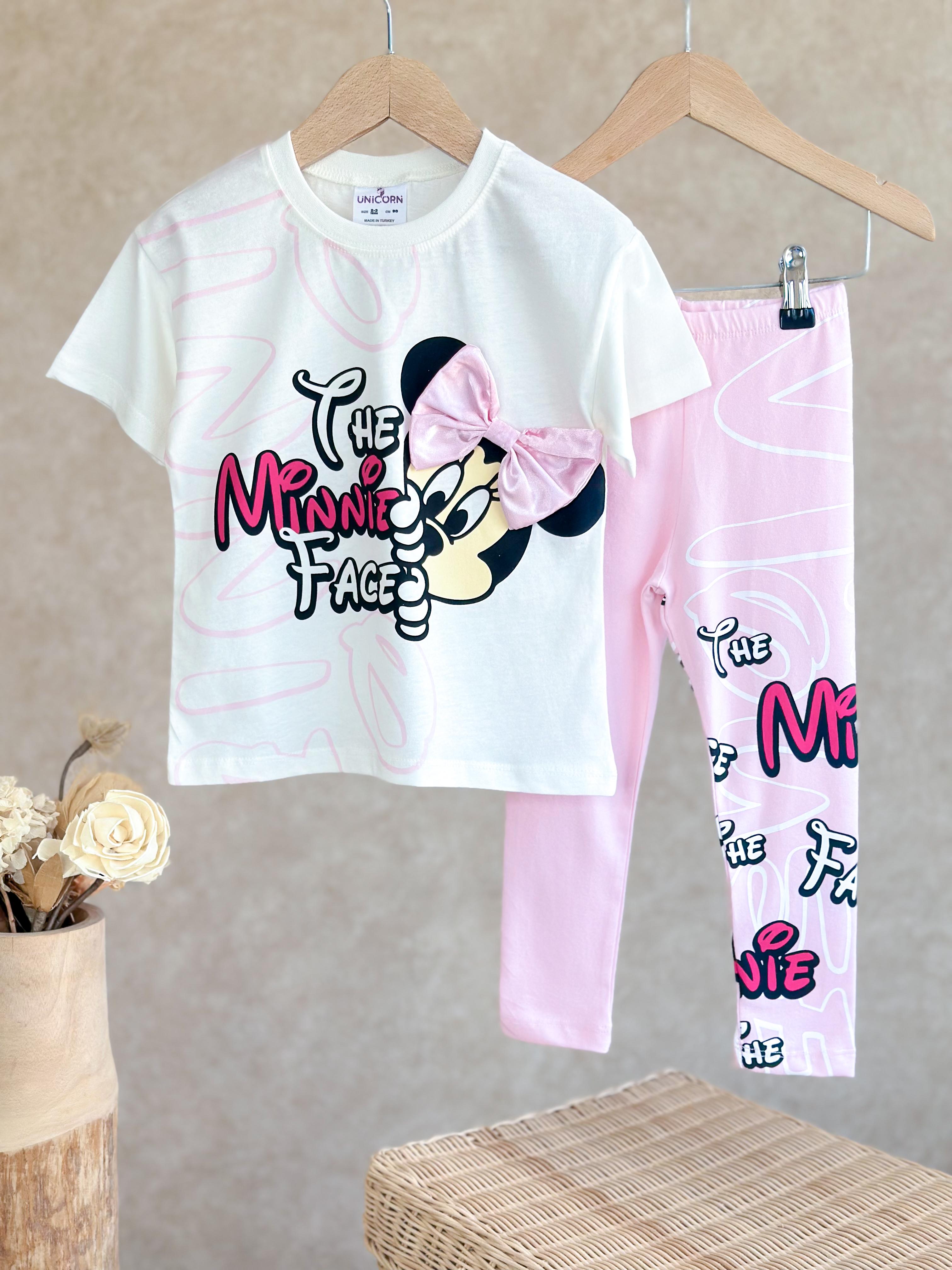 MINNIE FACE 3D Saten Kurdele Detaylı T-Shirt ve Tayt Takım