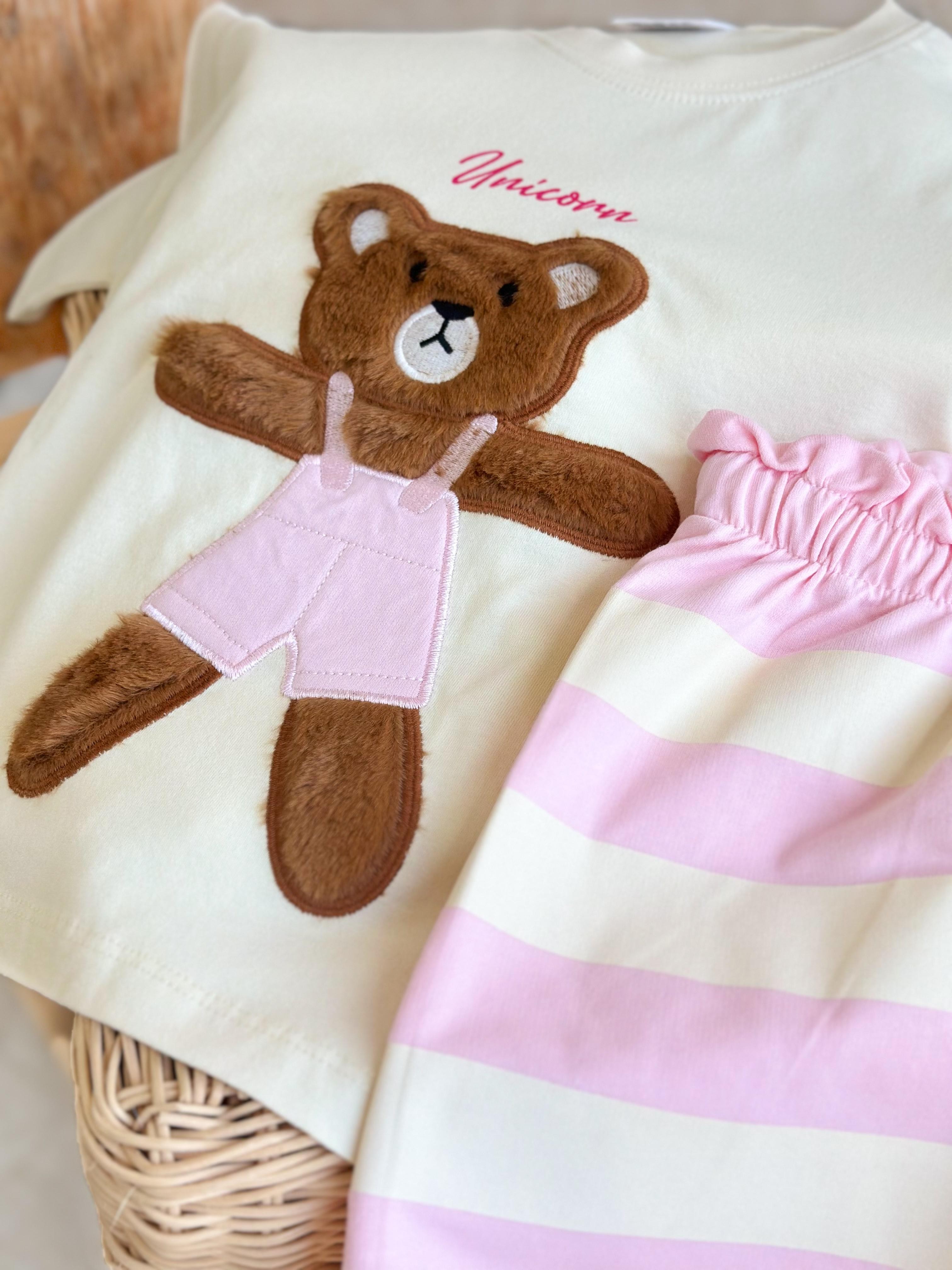 TEDDY BEAR Peluş Detay T-Shirt ve Şort Takım-Pembe