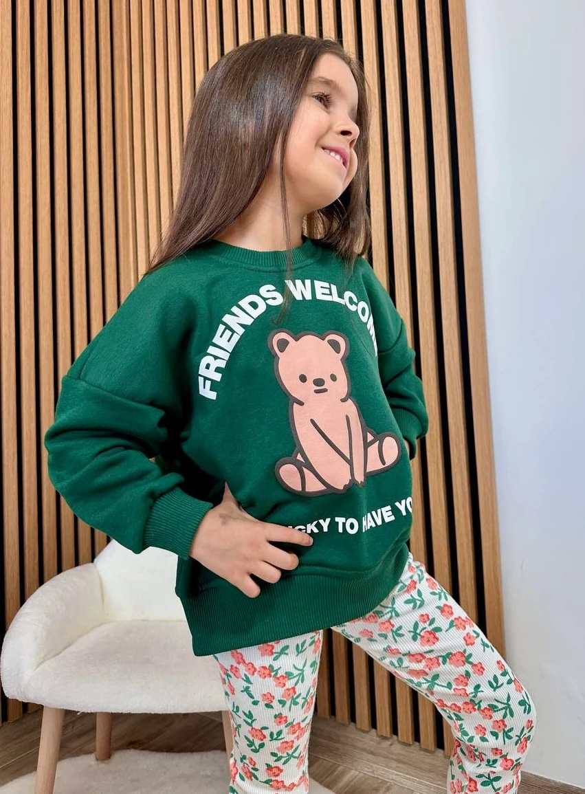 FRIENDS WELCOME Baskılı Kız Çocuk Sweatshirt ve Tayt Takım