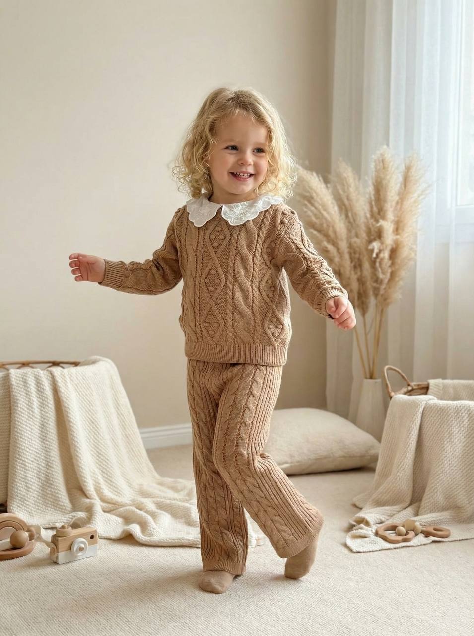 Yaka Detaylı Triko ve Triko Rahat Kalıp Pantolon-Kahverengi