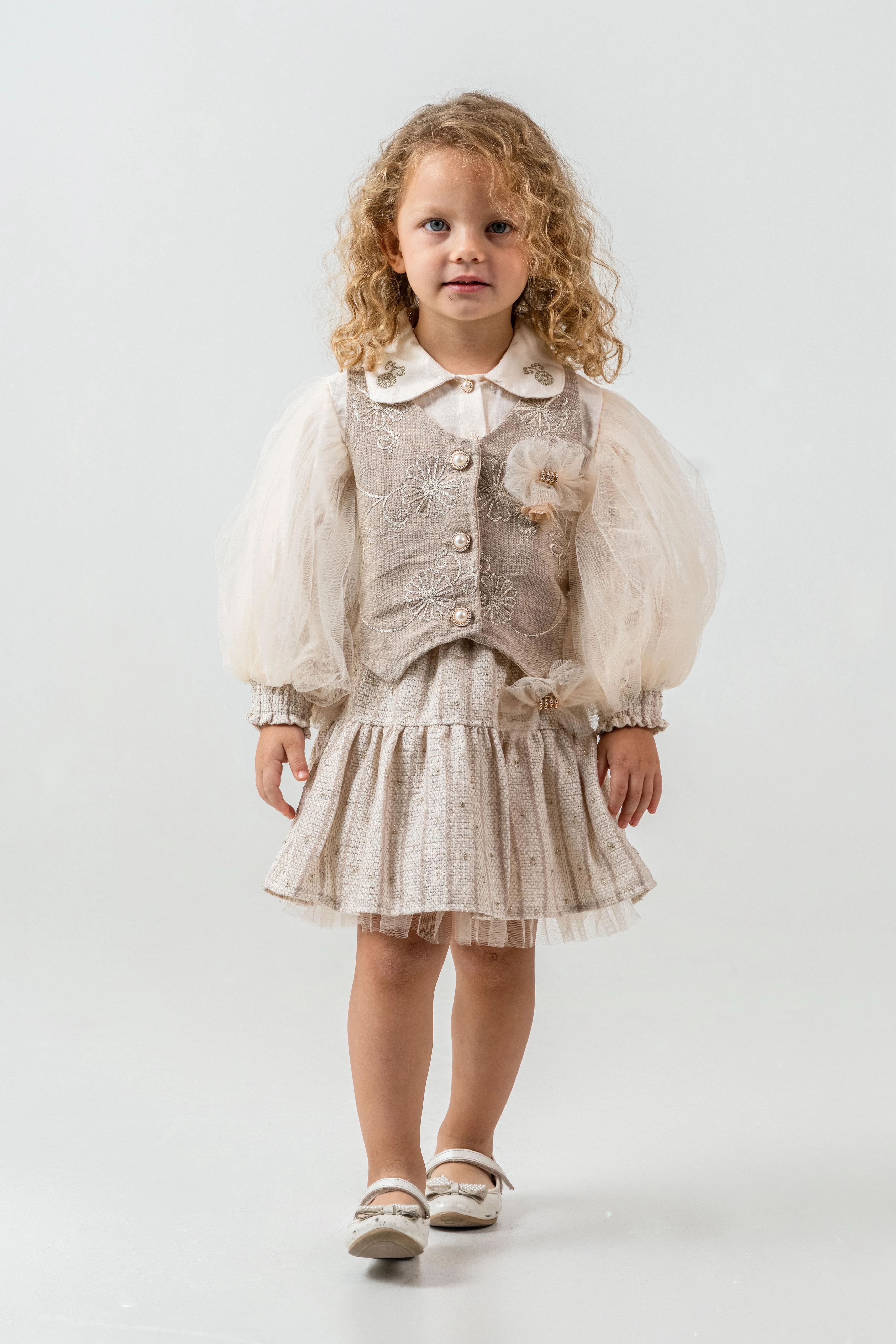 Nakışlı Tül Detaylı 3'lü Takım-Bej