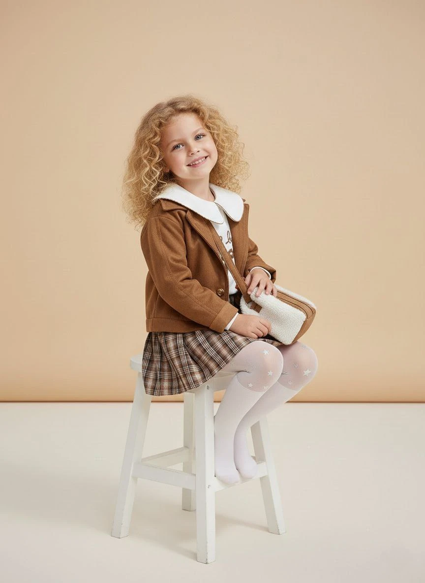 Süet Ceketli Çantalı 4'lü Kız Çocuk Takım-Taba