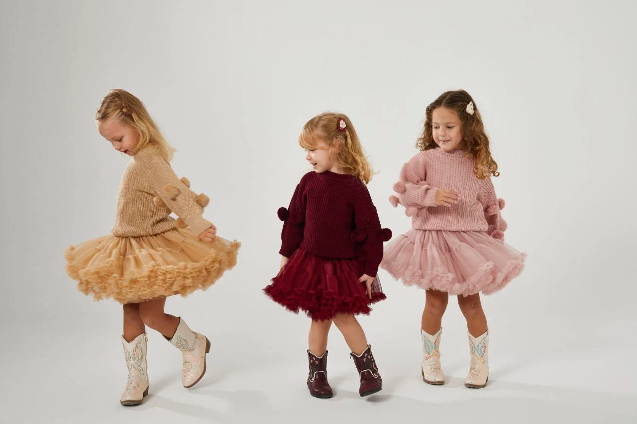 Ponponlu Triko ve Katkat Tül Etek-Bordo