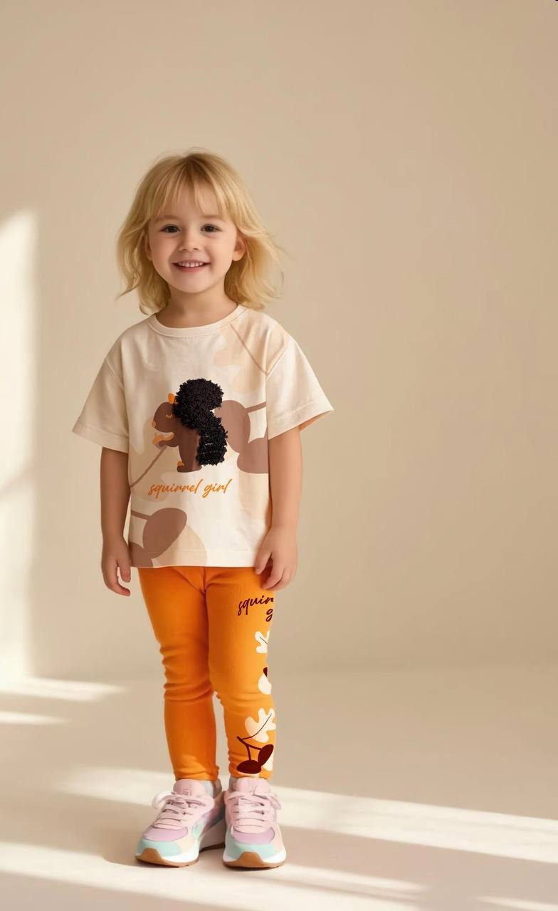 LITTLE SQUIRREL 3 Boyutlu Kız Çocuk T-Shirt ve Tayt Takım