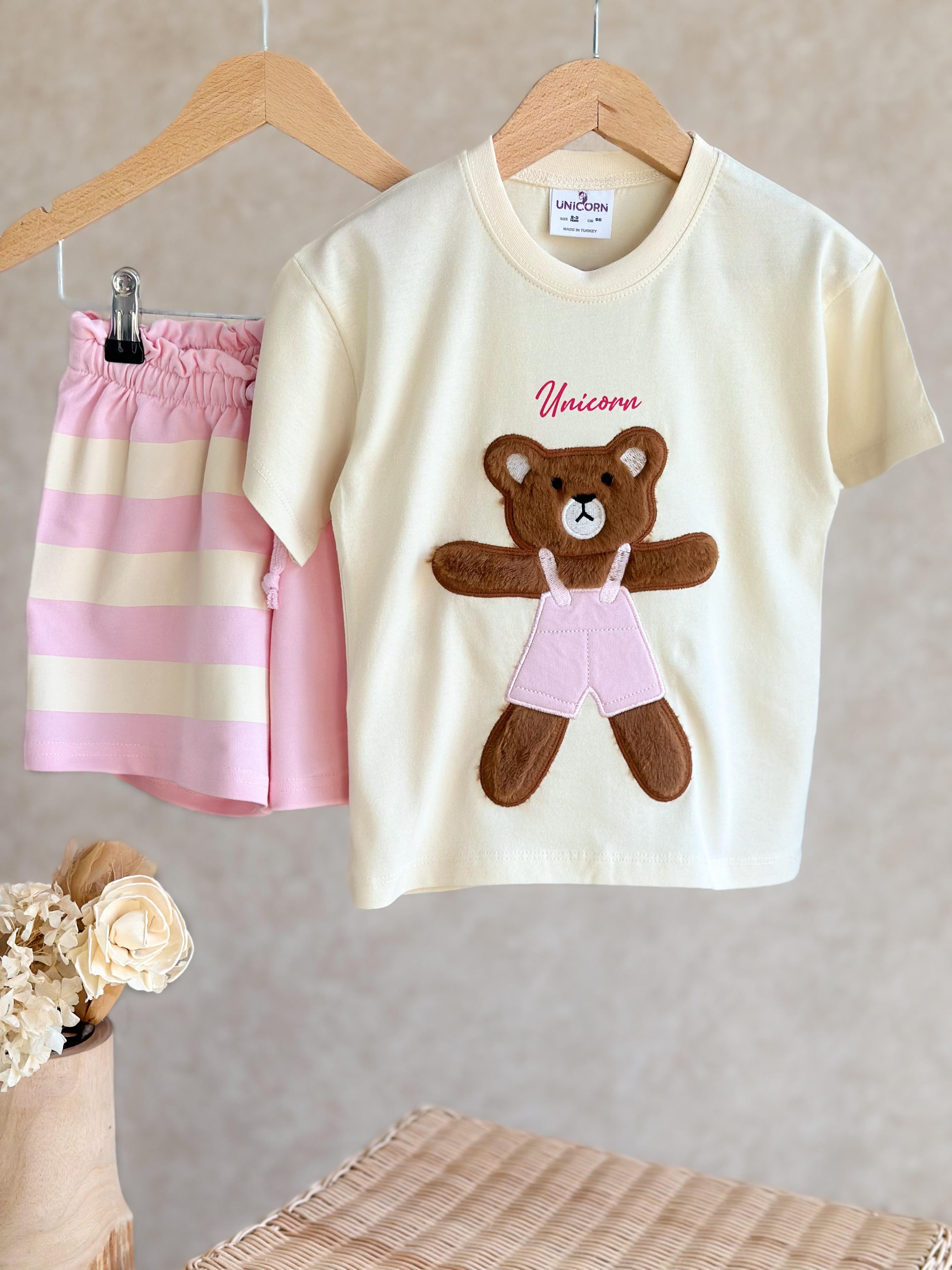 TEDDY BEAR Peluş Detay T-Shirt ve Şort Takım-Pembe
