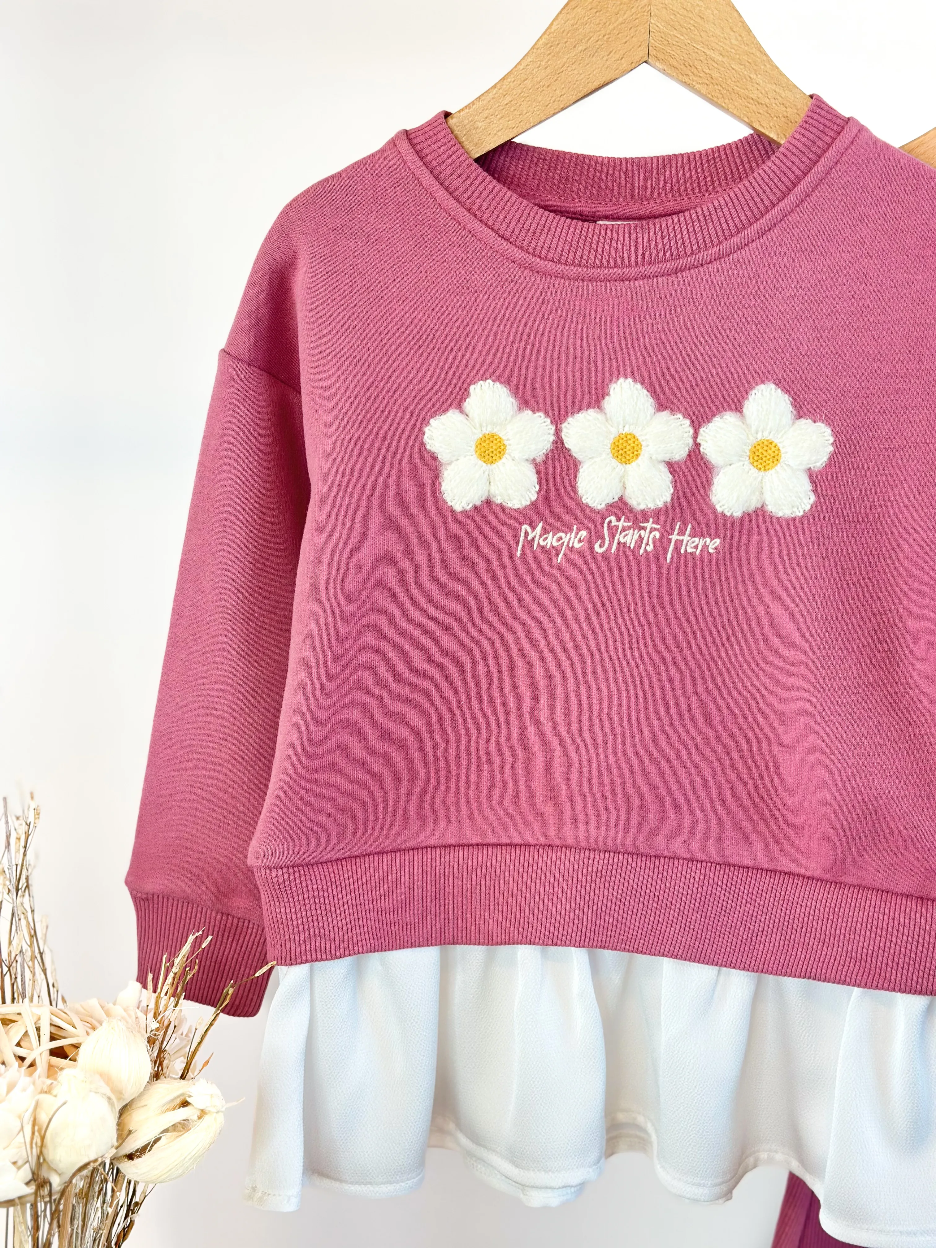 Gömlek Detaylı Çiçek Nakışlı Sweatshirt ve İspanyol Paça Takım