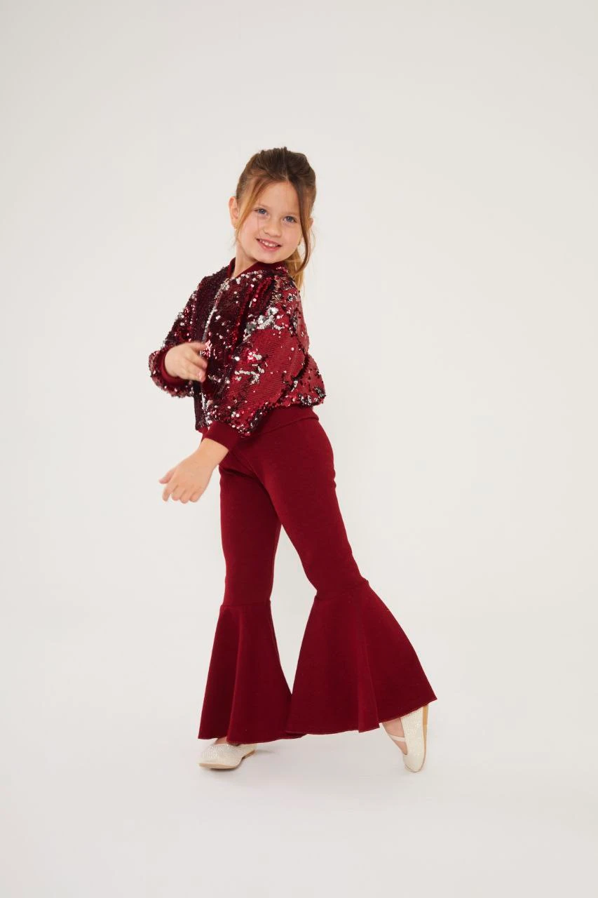 Pullu Ceket ve İspanyol Paça Tayt Takım-Bordo