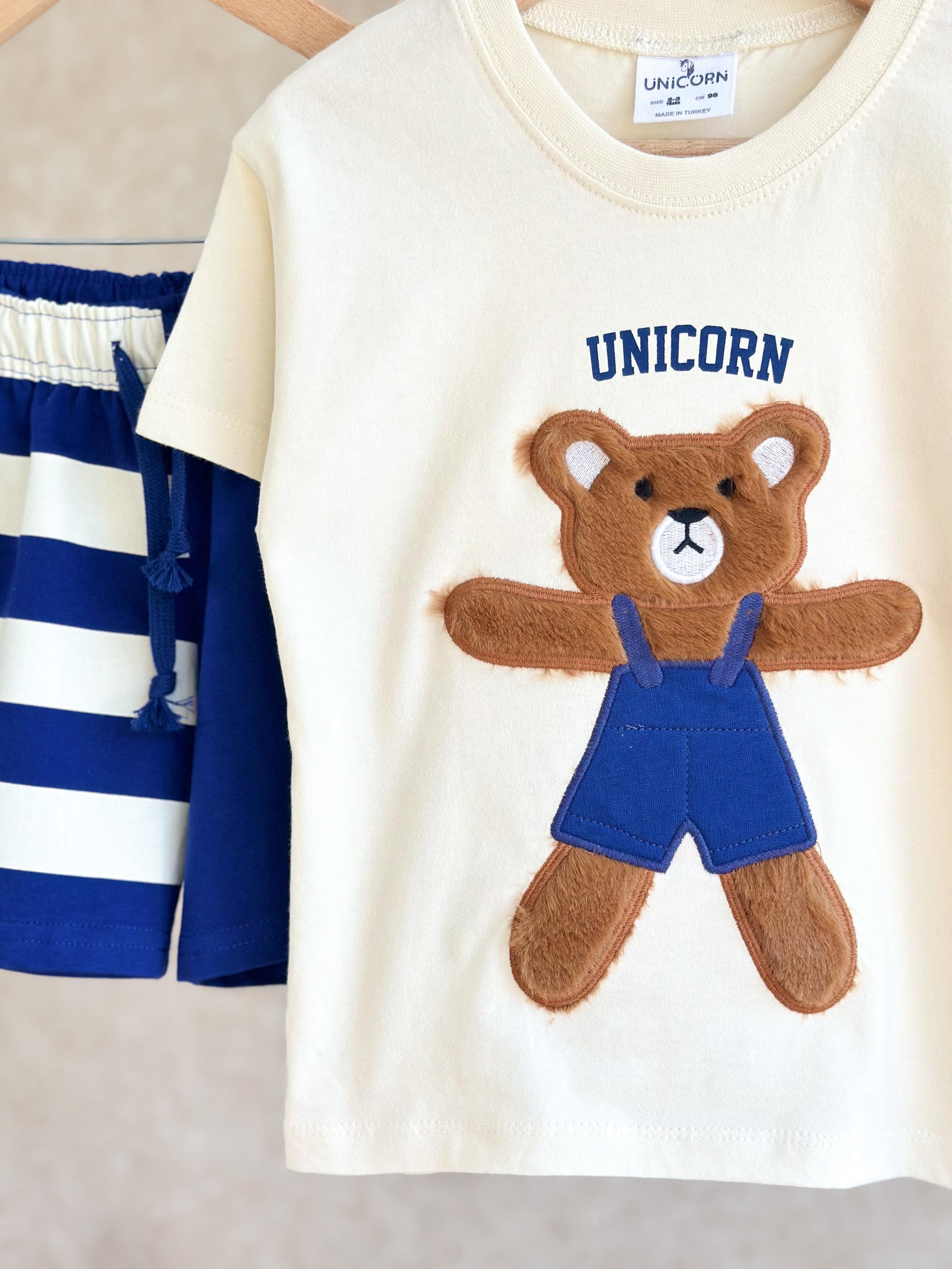 TEDDY BEAR Peluş Detay T-Shirt ve Şort Takım-Mavi