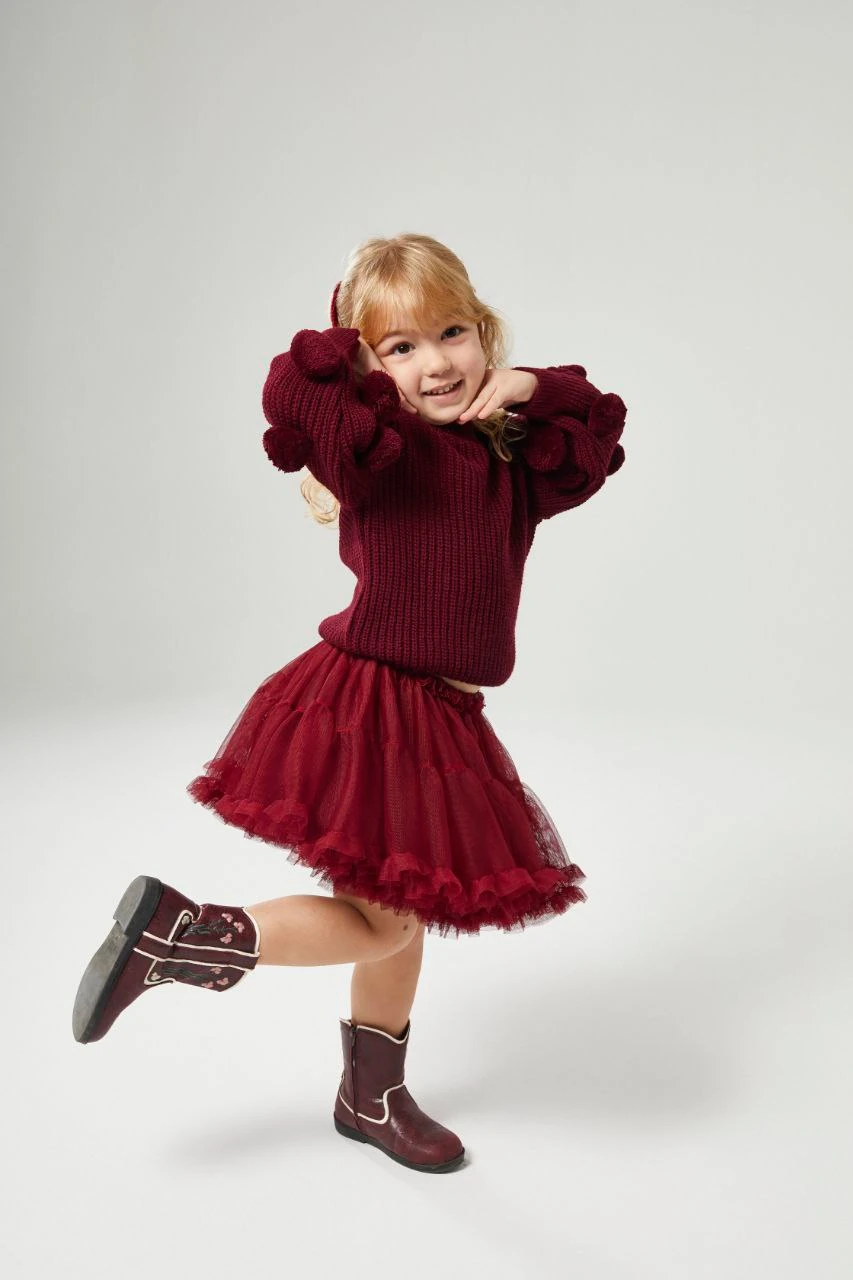 Ponponlu Triko ve Katkat Tül Etek-Bordo