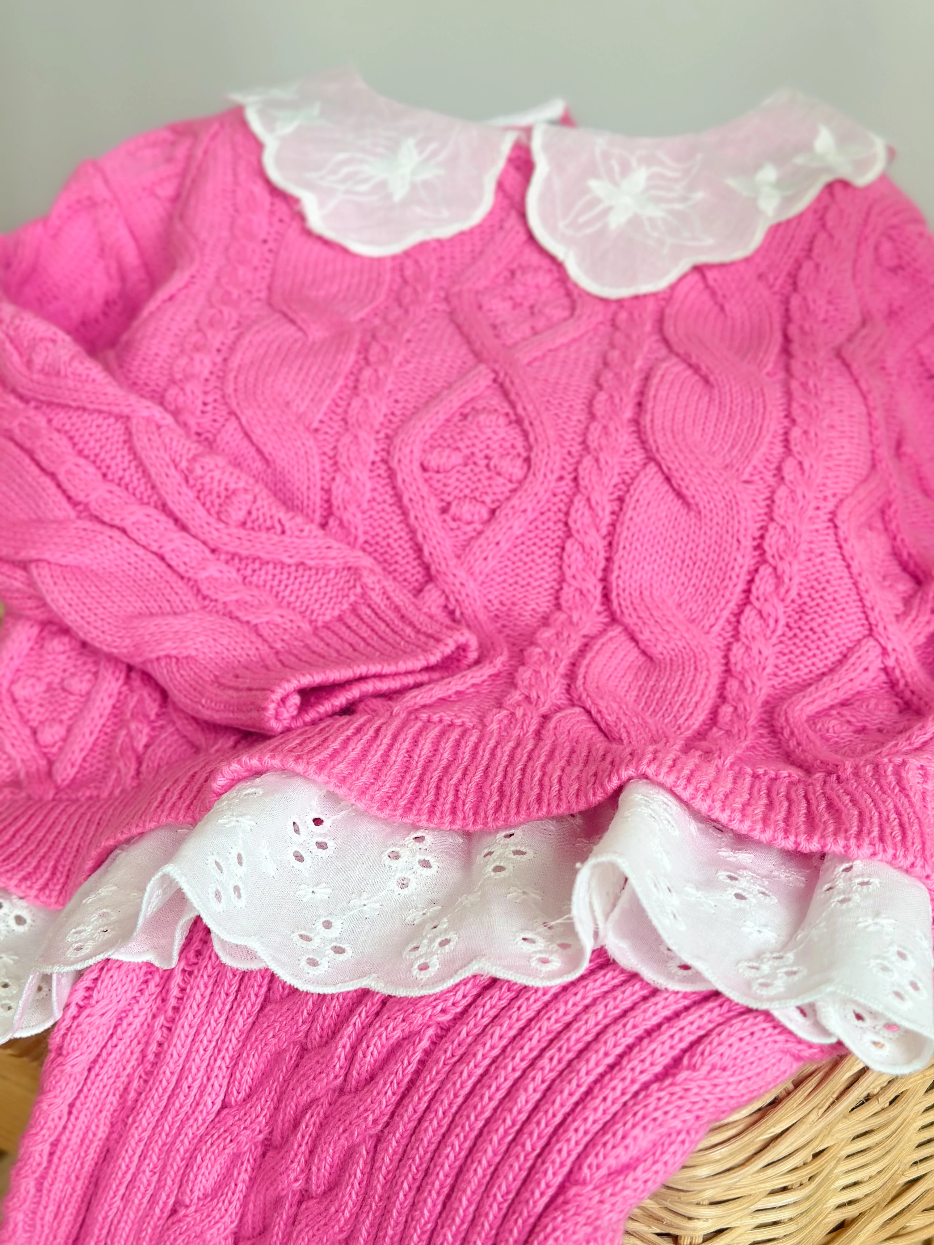 Yaka Detaylı Triko ve Triko Rahat Kalıp Pantolon-Pembe