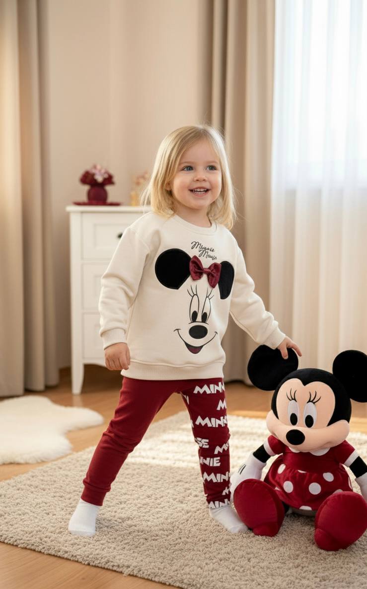 3D Fiyonk ve Kulak Detaylı Sweatshirt ve Tayt Kız Çocuk Takım