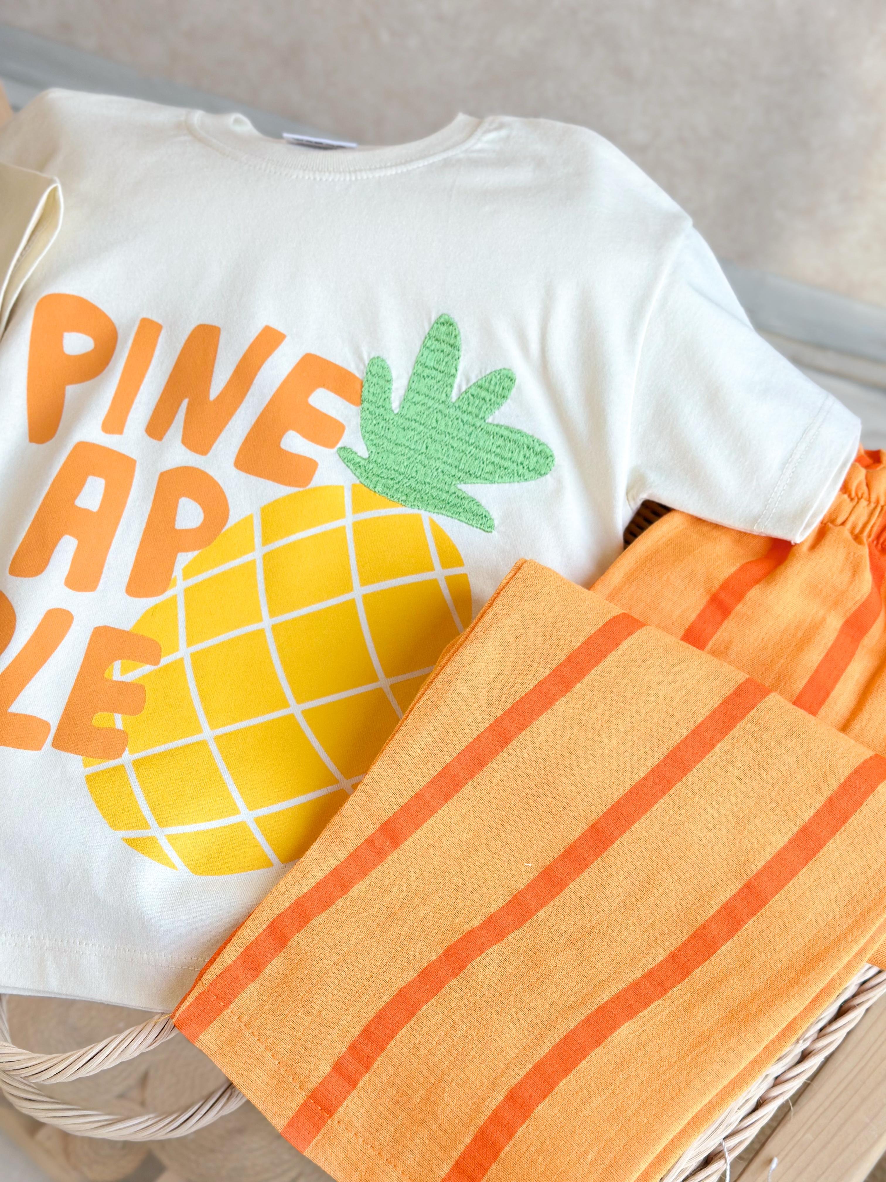PINEAPPLE Kabartma Baskılı 3D T-Shirt ve Müslin Pantolon Takım