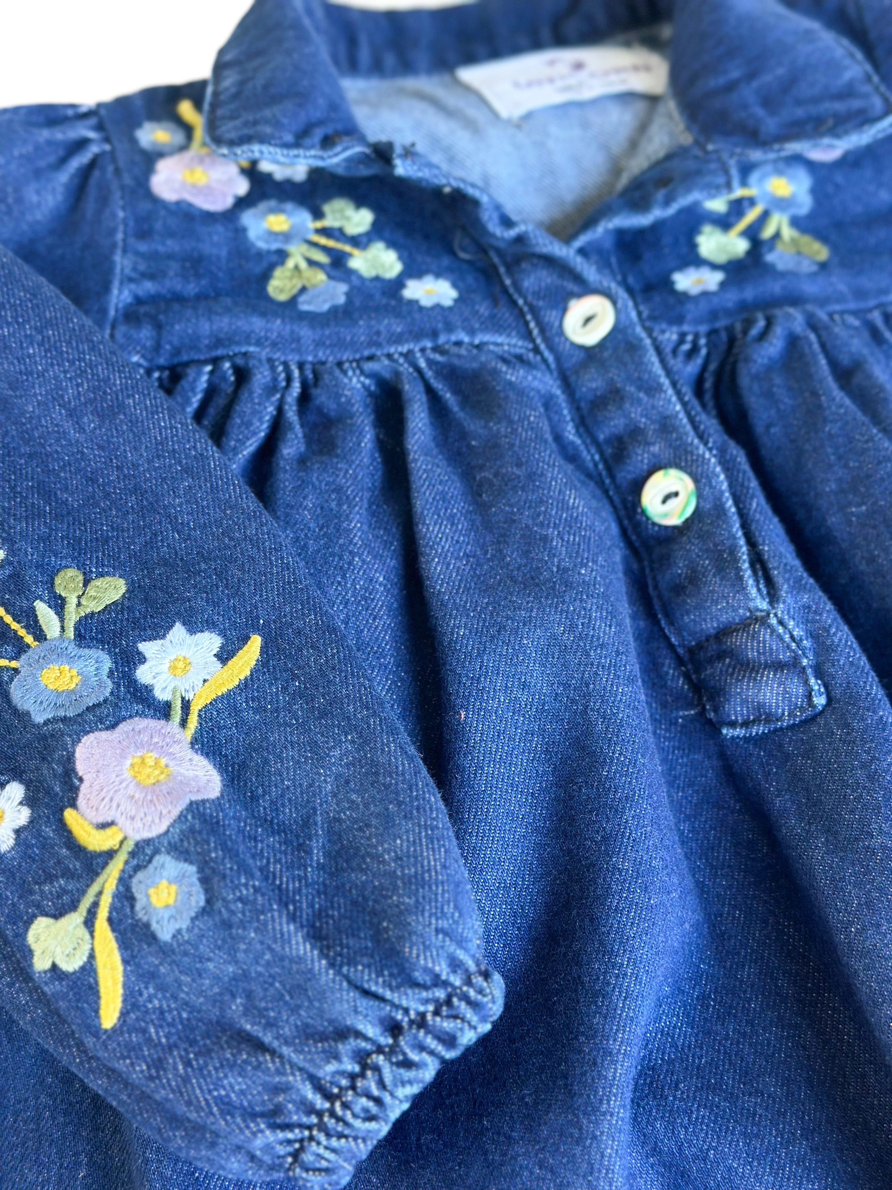 Çiçekli Nakış Detaylı Yumuşak Dokulu Kot Elbise-Koyu Renk