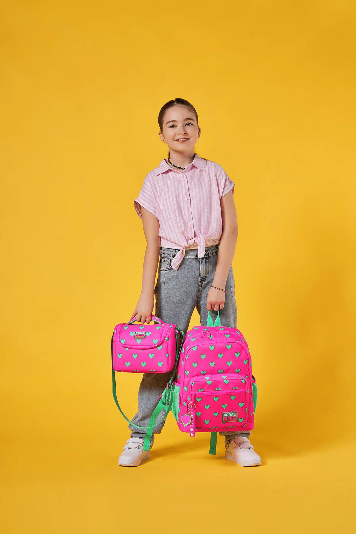 Coral High Neon Pembe Su Yeşili Kalp Desenli 3'lü Okul Çanta Seti