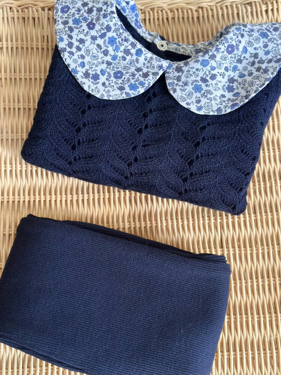 Çiçekli Yaka ve Gömlek Detaylı Triko Takım-Lacivert