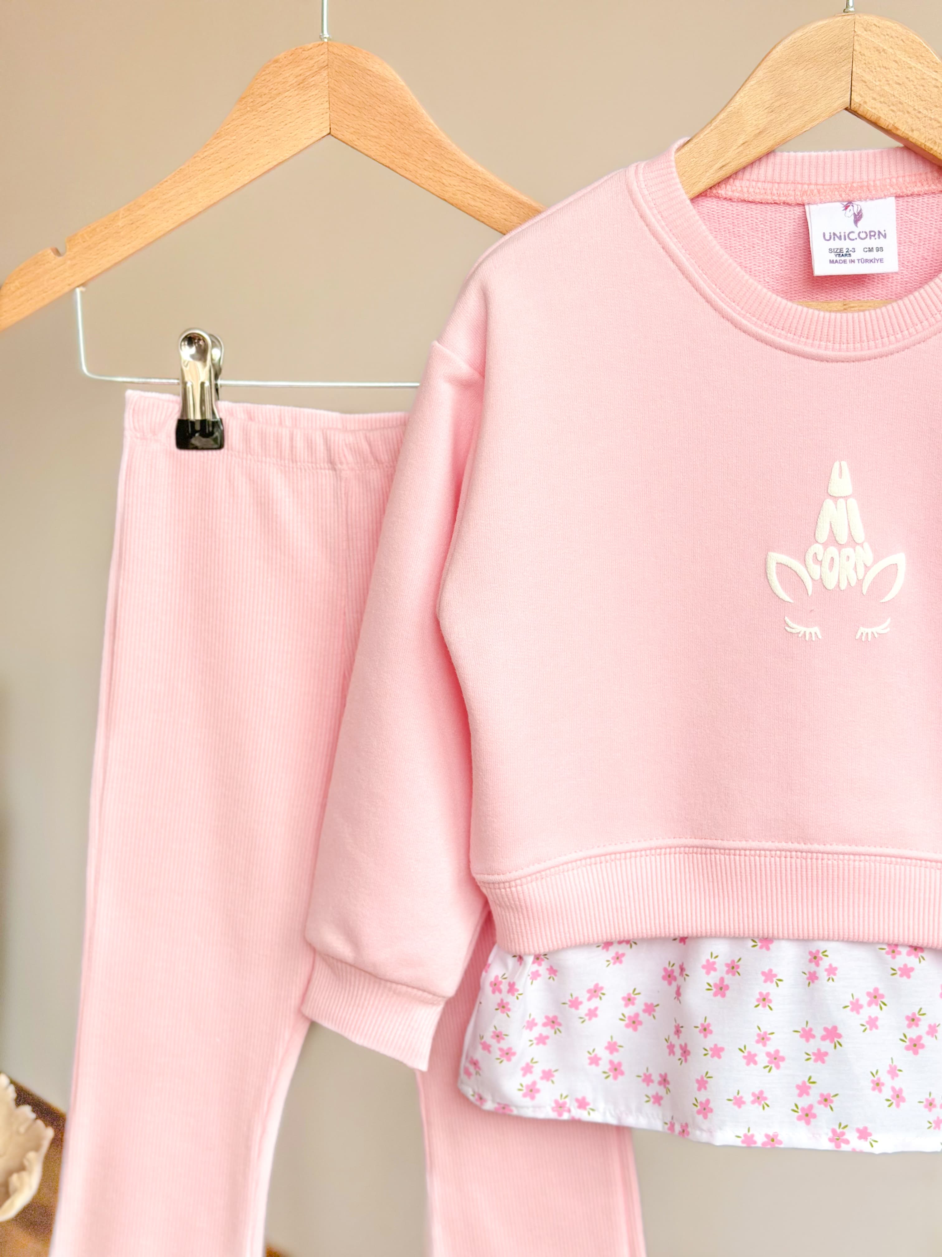 PINKY FLOWER Gömlek Detaylı Sweatshirt ve İspanyol Paça Tayt Takım 