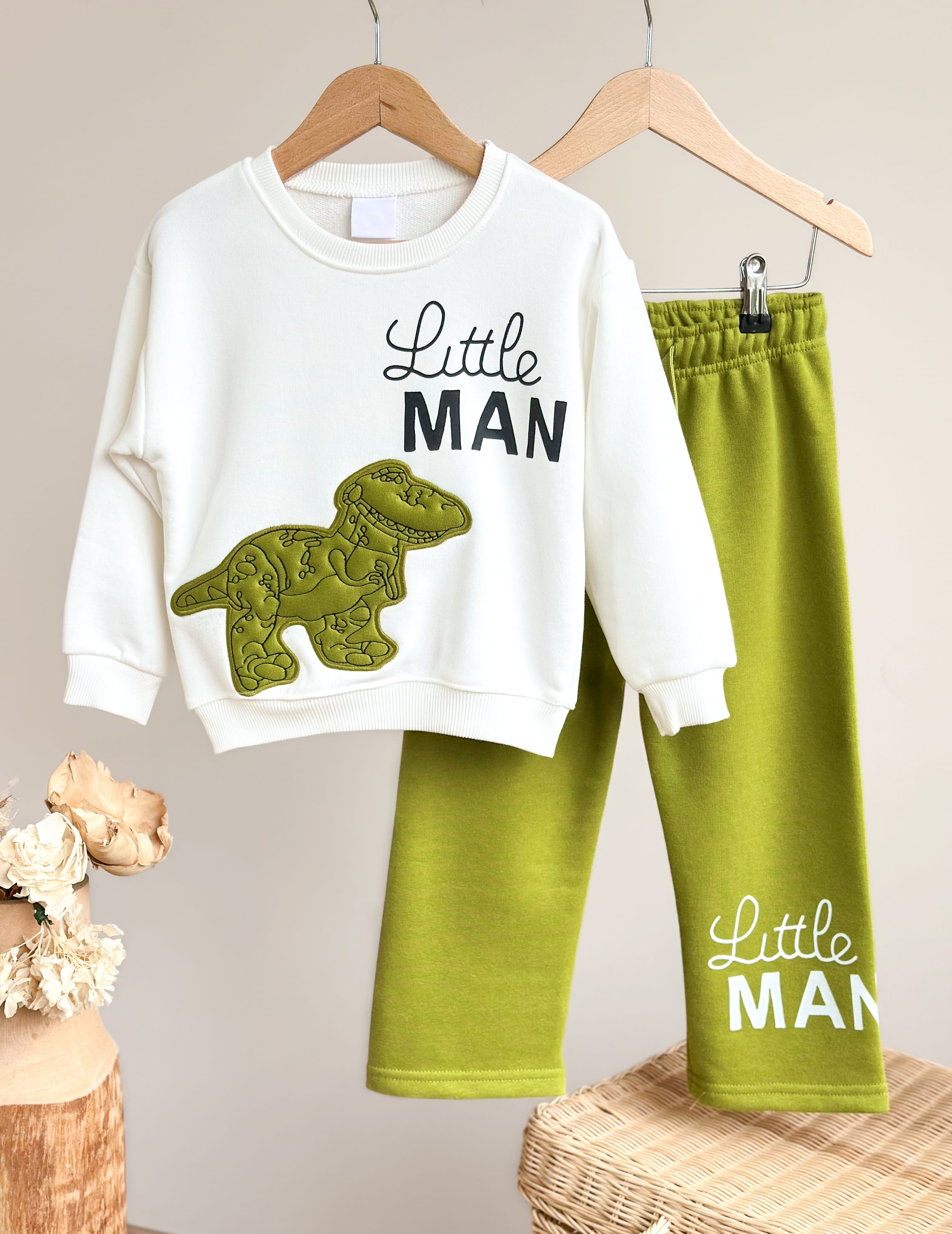 DİNASOUR LİTTLE MAN Nakış Aplike Detaylı Sweatshirt ve Eşofman Takım 