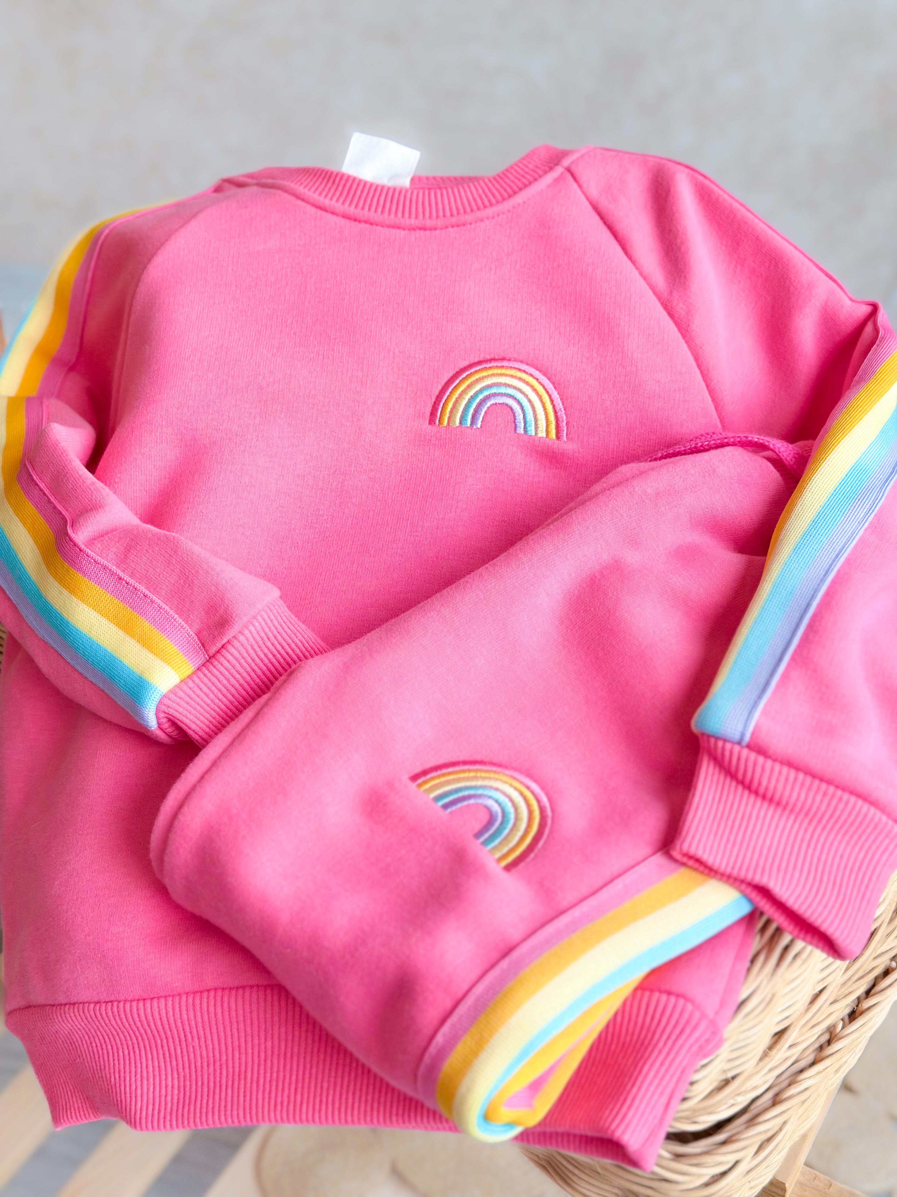 Gökkuşağı Nakışlı Sweatshirt ve Eşofman Takım-Pembe