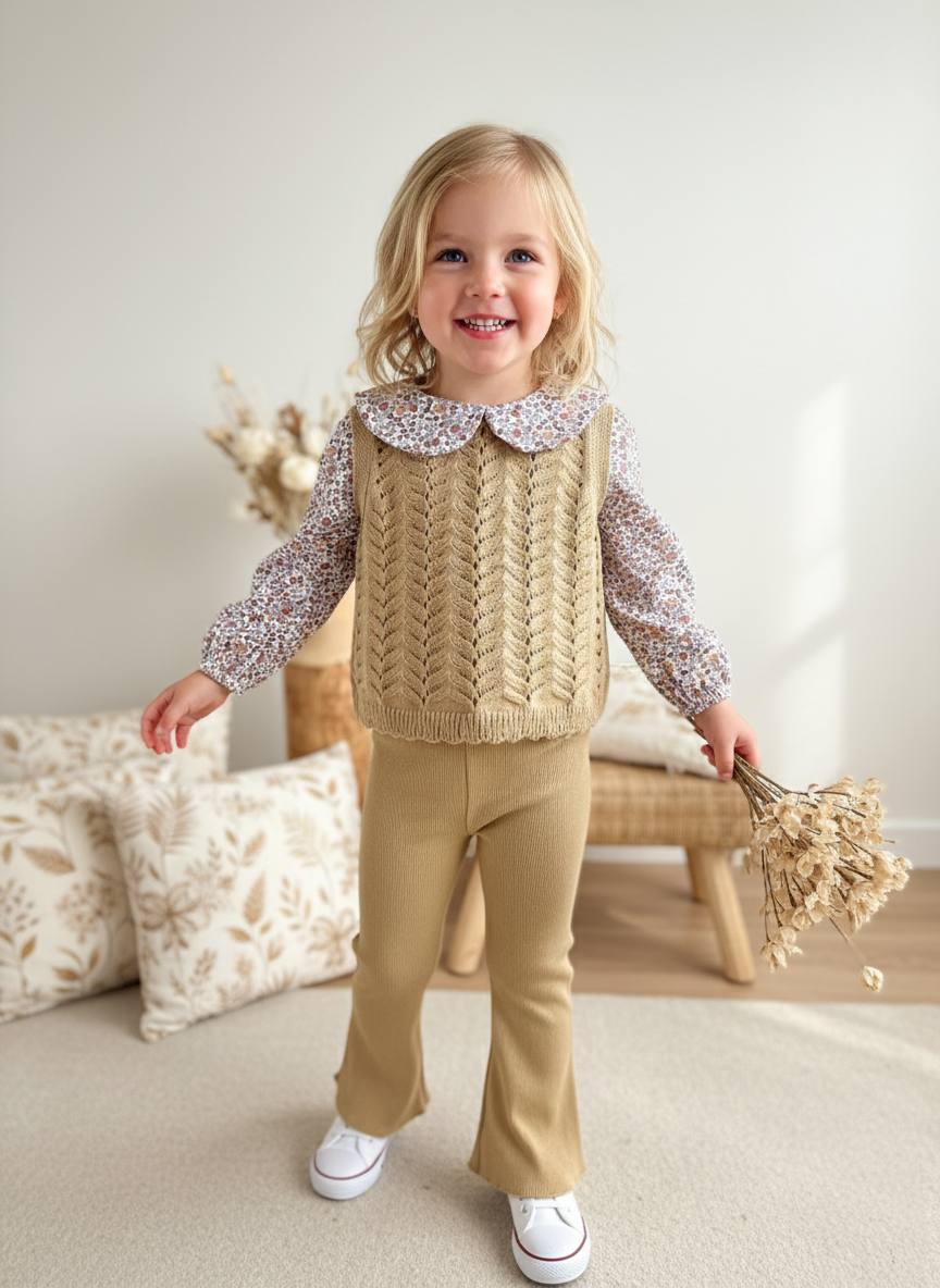 Çiçekli Yaka ve Gömlek Detaylı Triko Takım