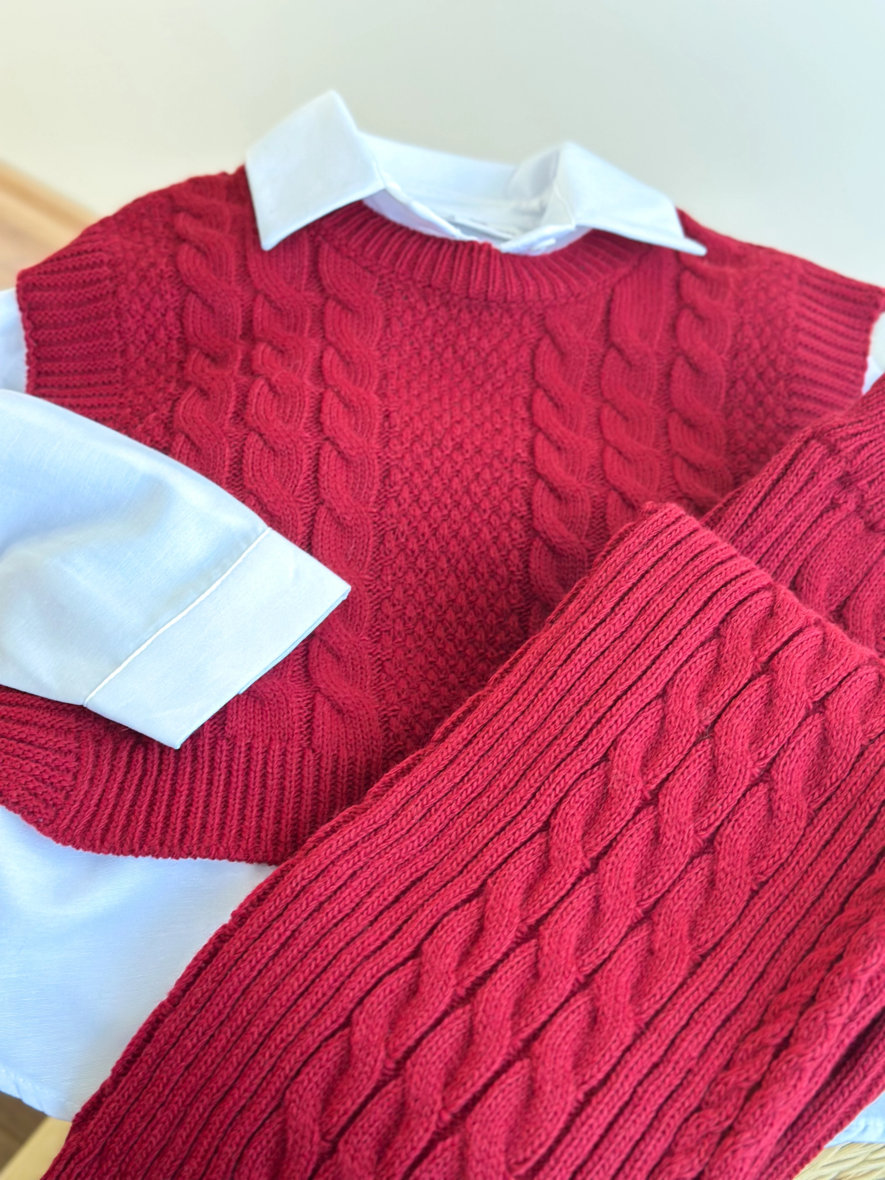 CHERRY LADY SARMAL Çizgi Detaylı Gerçek Gömlekli 3'lü Triko Kız Çocuk Takımı