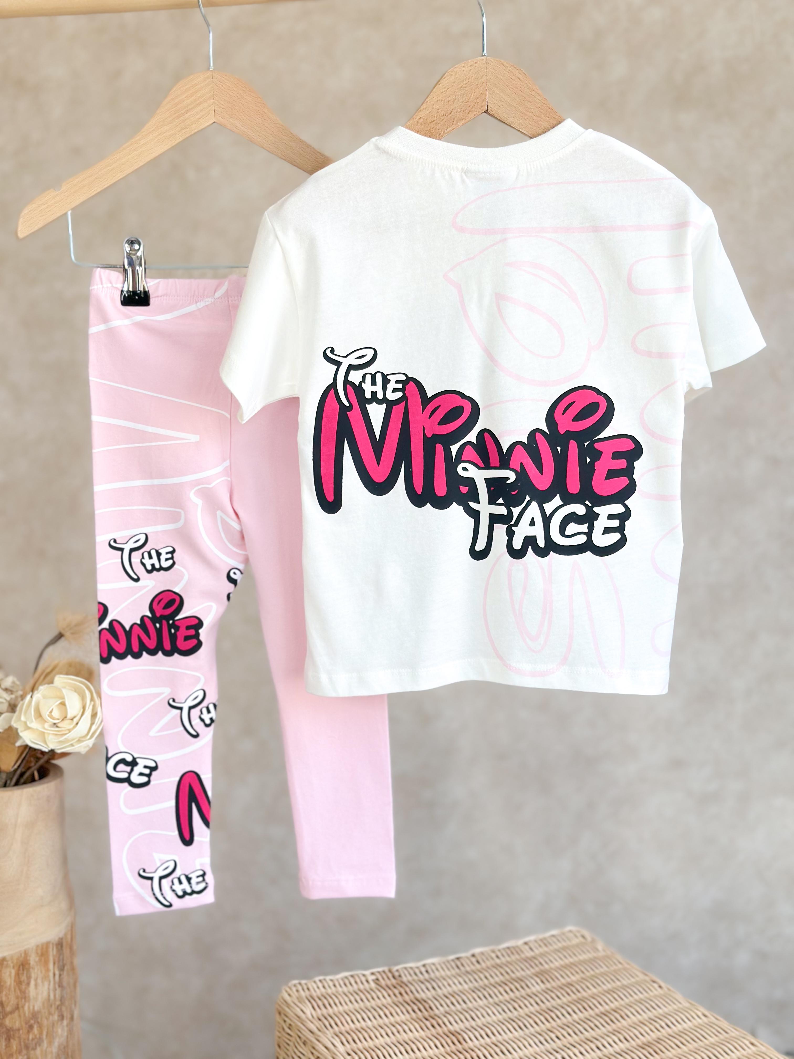 MINNIE FACE 3D Saten Kurdele Detaylı T-Shirt ve Tayt Takım