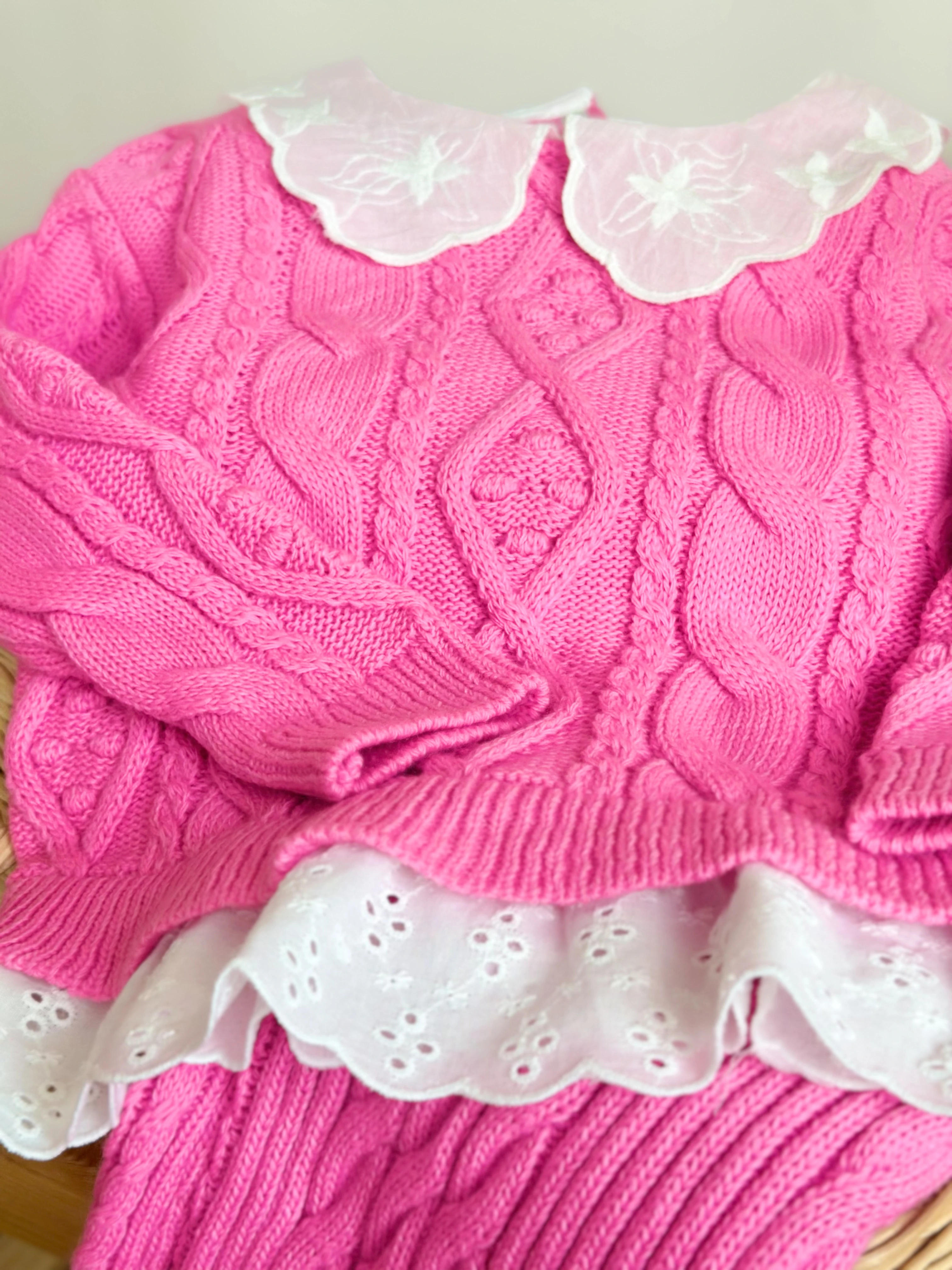 Yaka Detaylı Triko ve Triko Rahat Kalıp Pantolon-Pembe