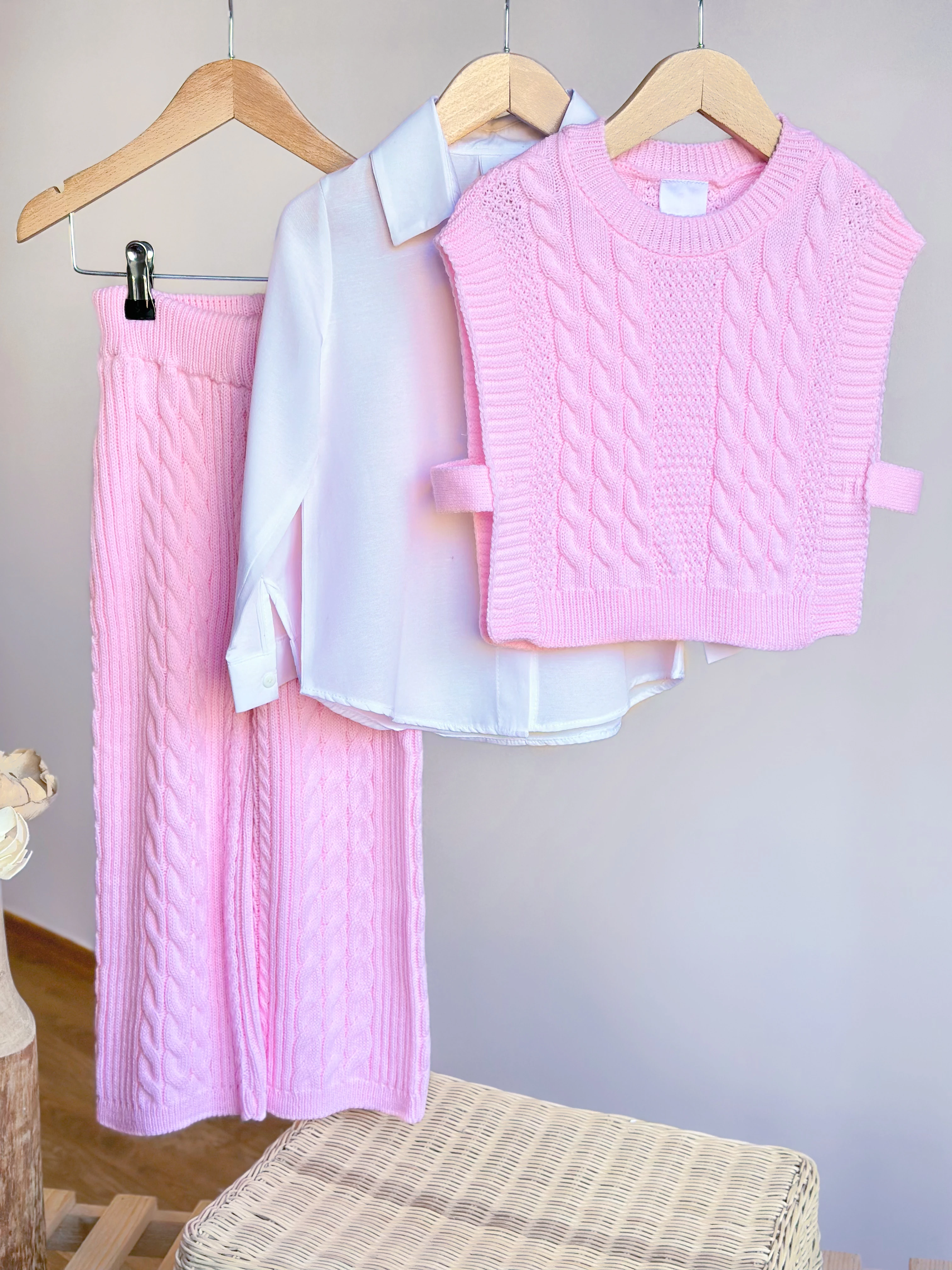 PINK LADY SARMAL Çizgi Detaylı Gerçek Gömlekli 3'lü Triko Kız Çocuk Takımı