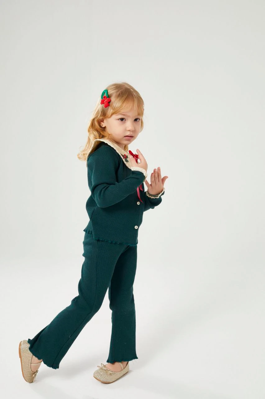 Yılbaşı Nakış Detaylı Triko Kız Çocuk Hırka ve Tayt Takım-Petrol Yeşili